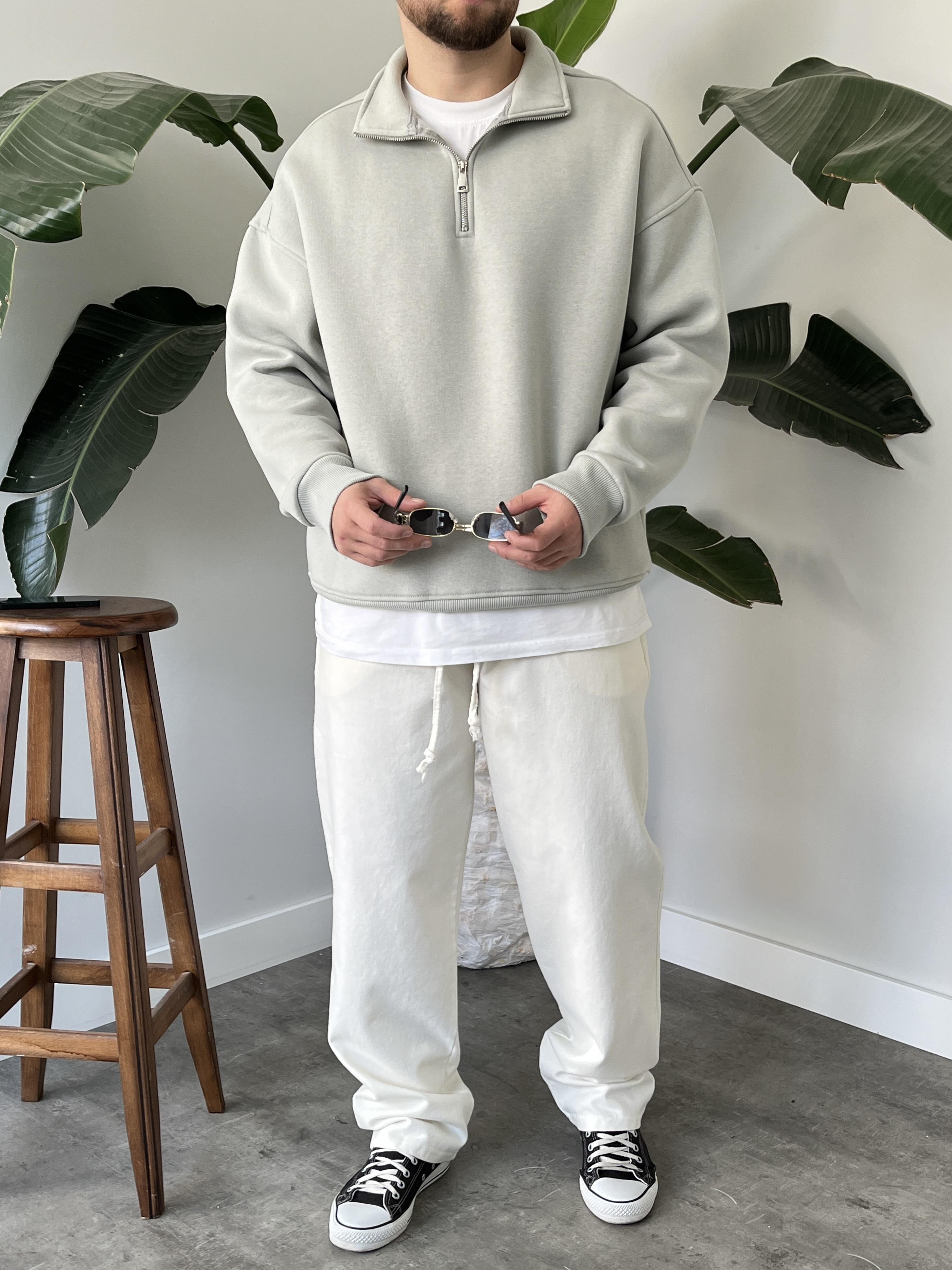 Taş Gri Yarım Fermuar Üç İplik Şardonlu Sweatshirt
