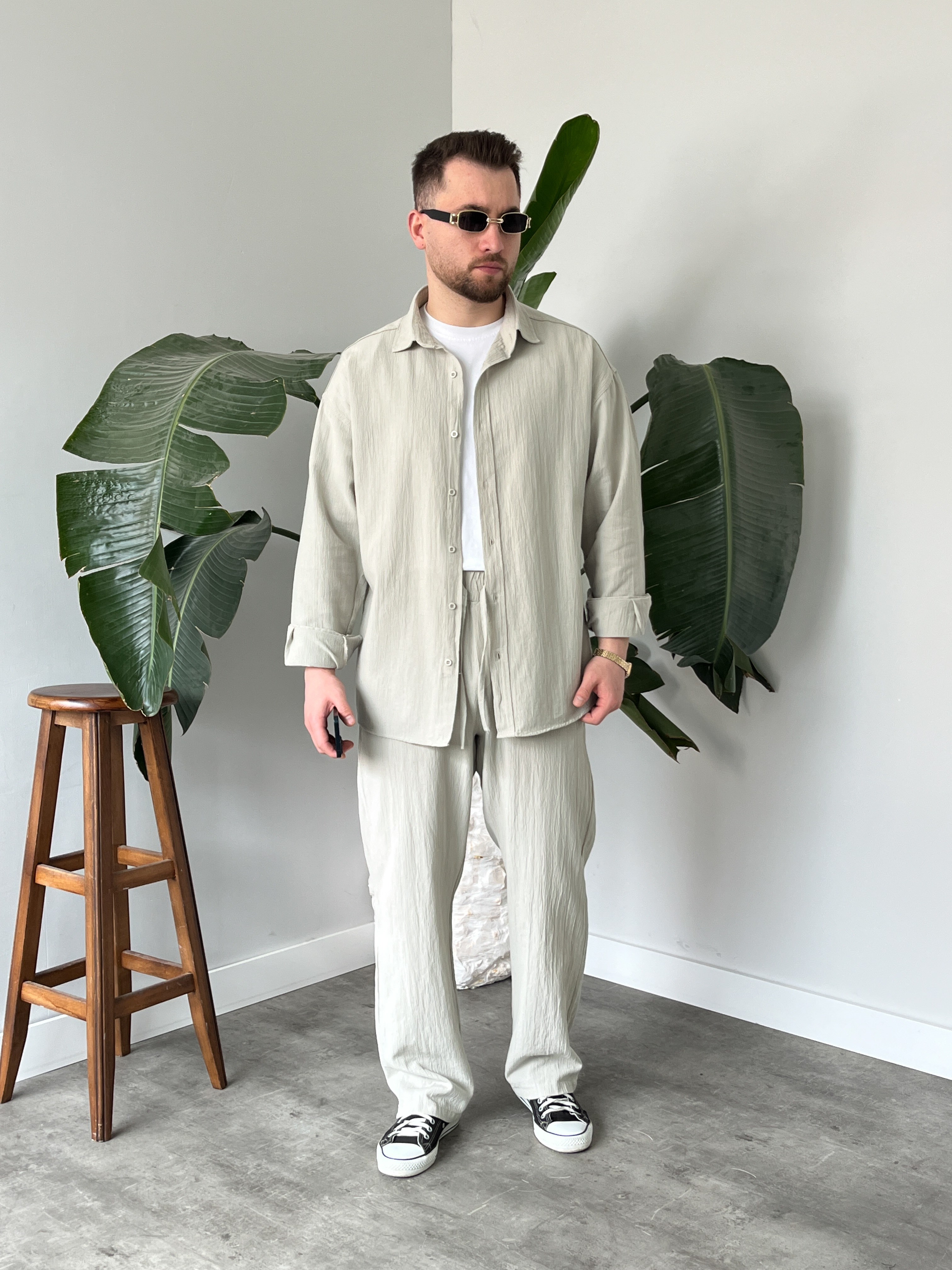 Taş Krinkıl Keten Oversize Takım