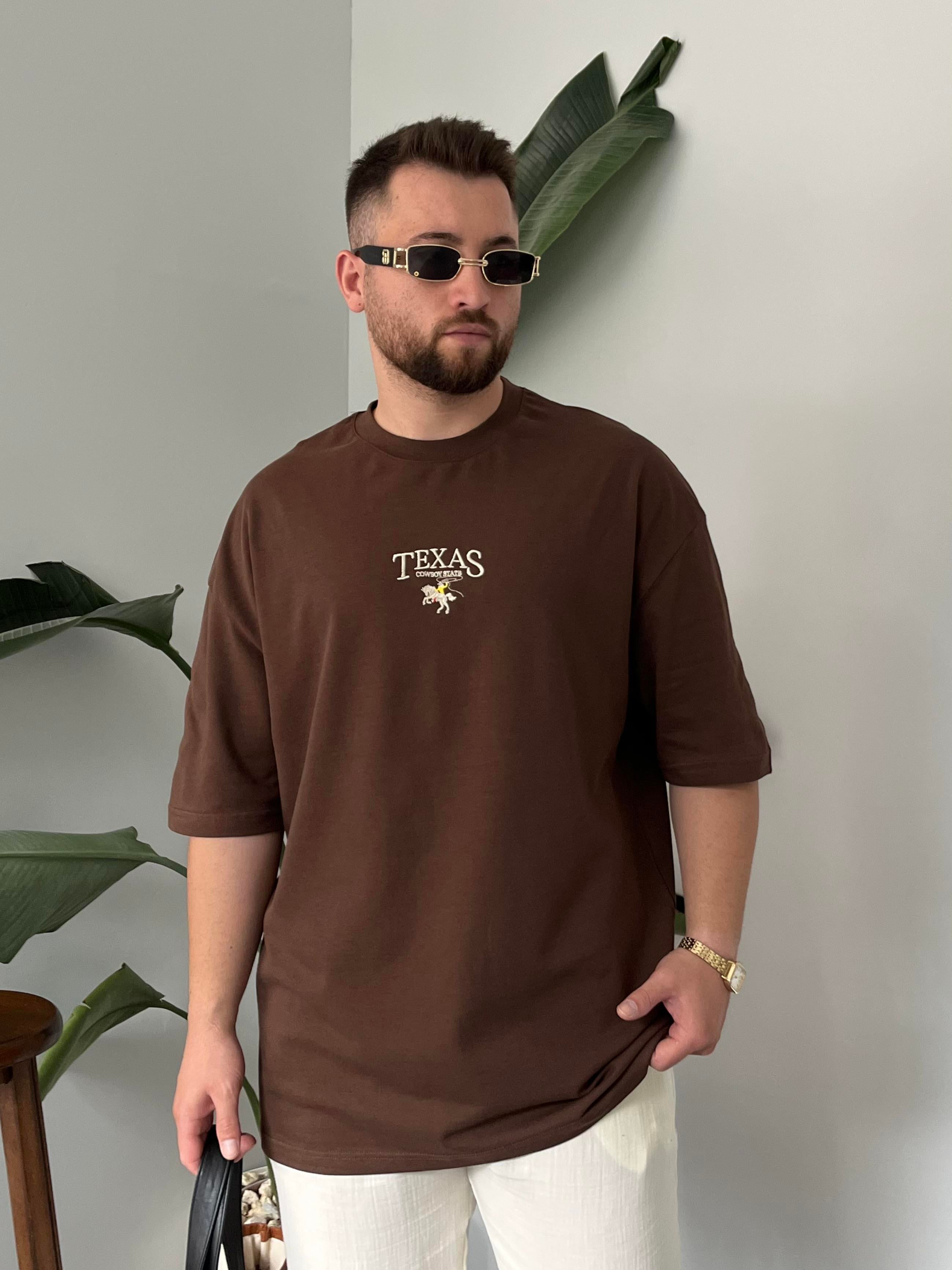 Teksas Nakışlı Kahverengi  Oversize  T-shirt