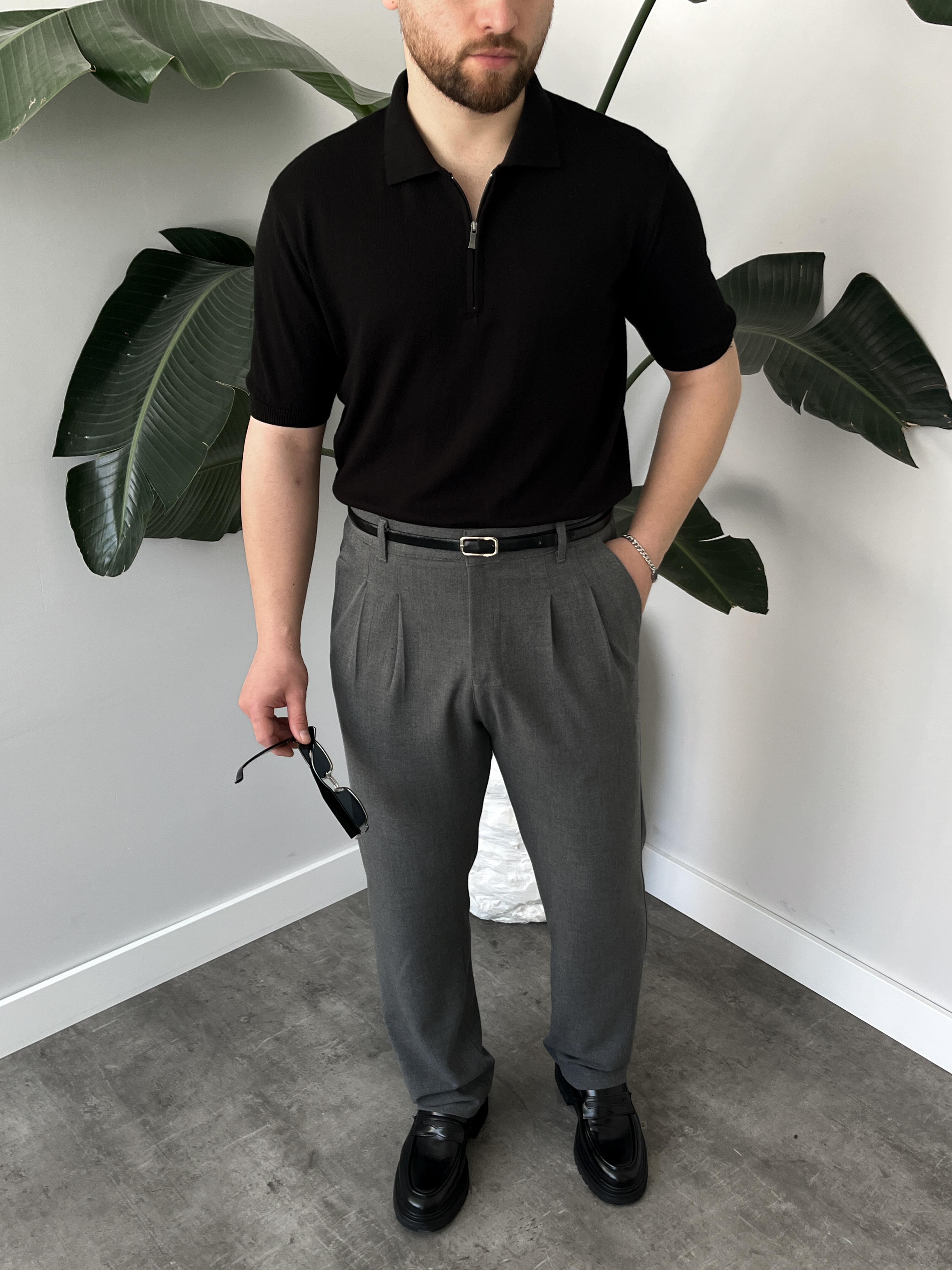Tivor Siyah Yarım Fermuar Polo Yaka Triko T-shirt