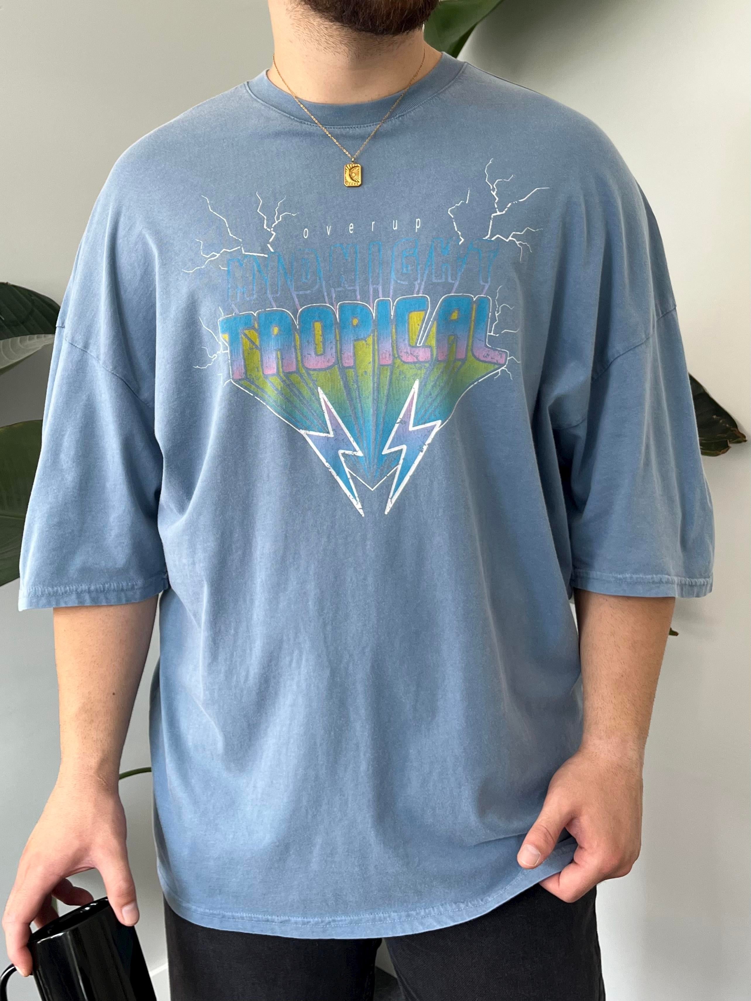 Tropical Yıkamalı Mavi Oversize T-shirt