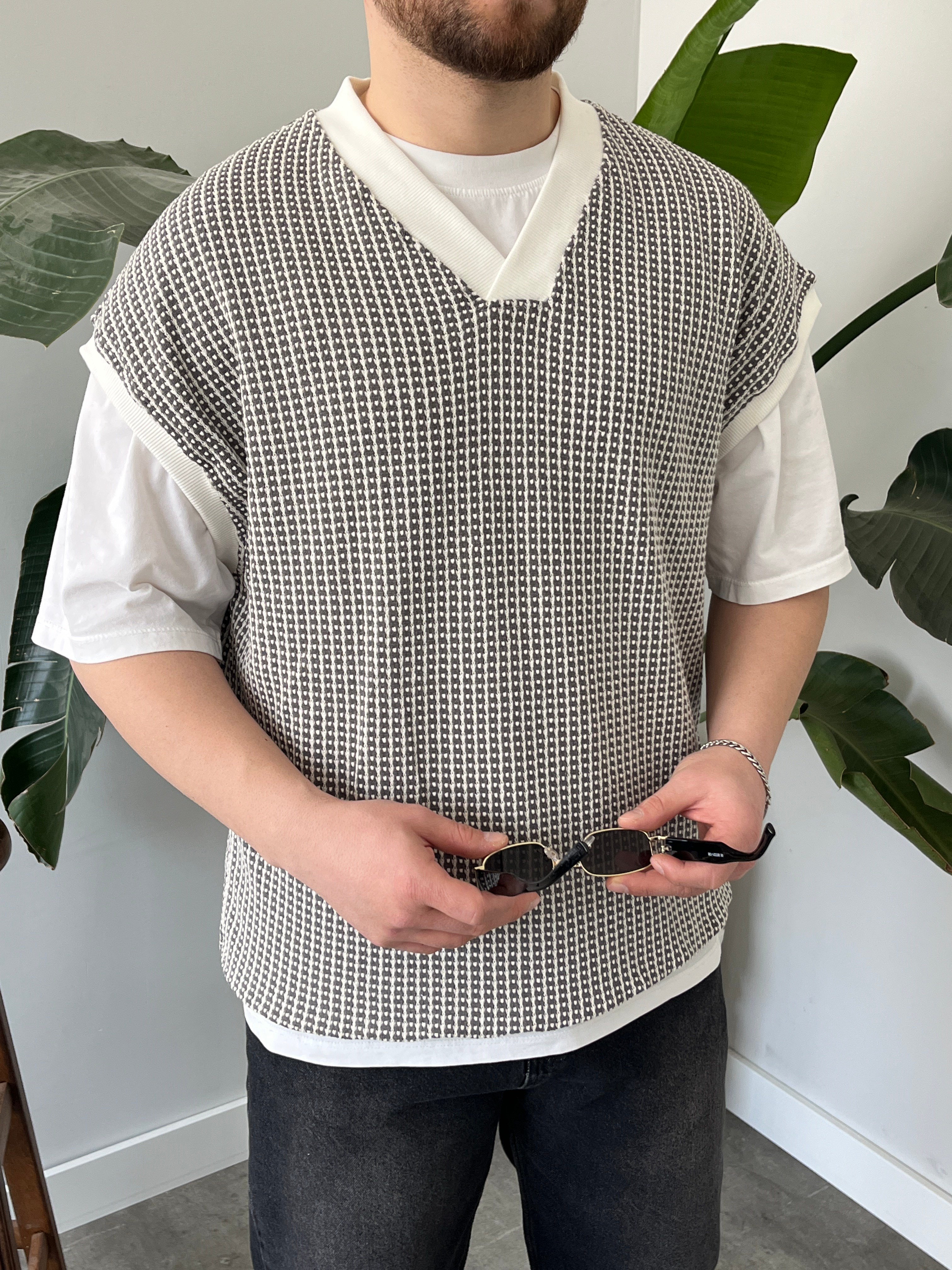 Vino Gri Desenli Oversize Süveter