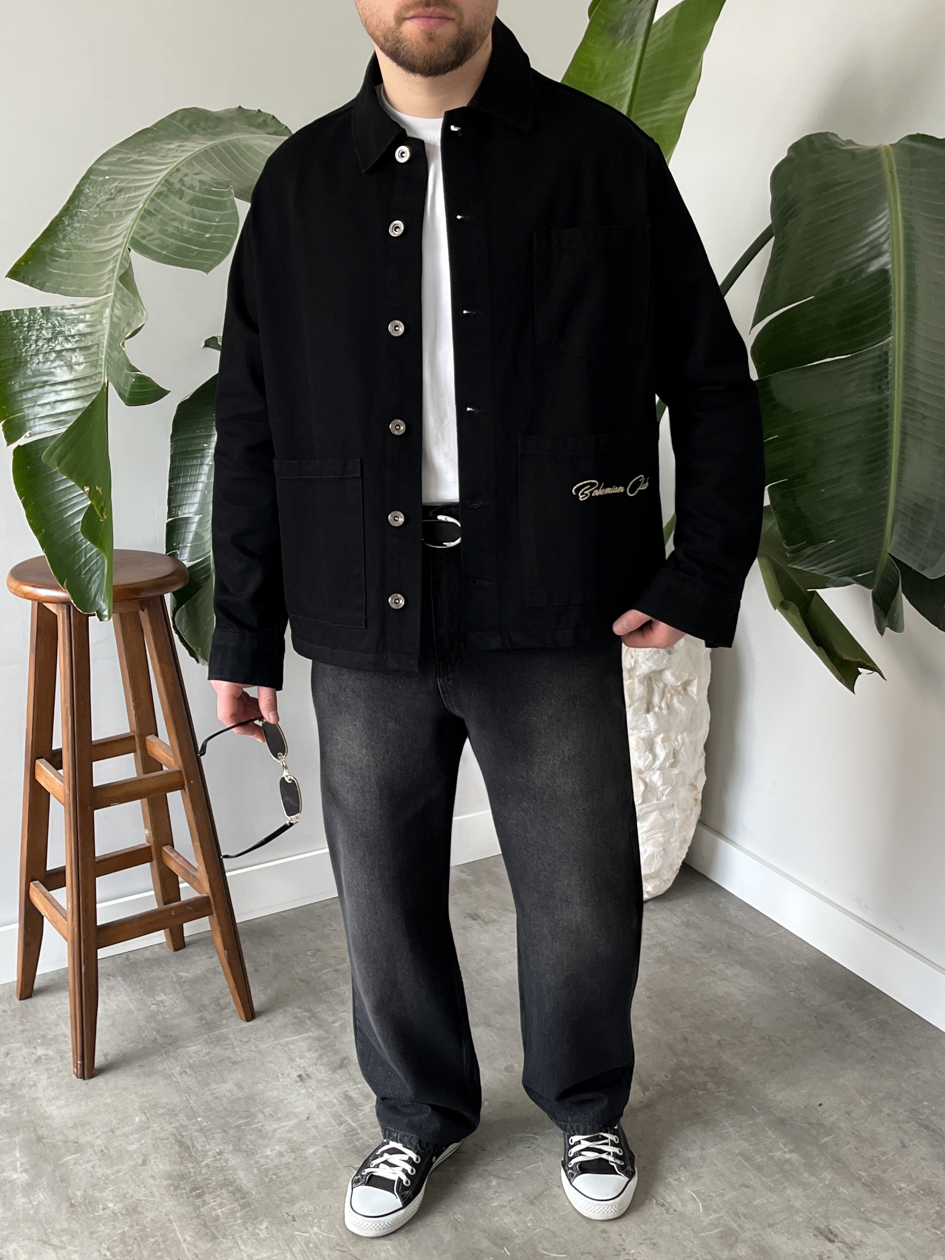 Vintage Nakış Detaylı Siyah Denim Ceket