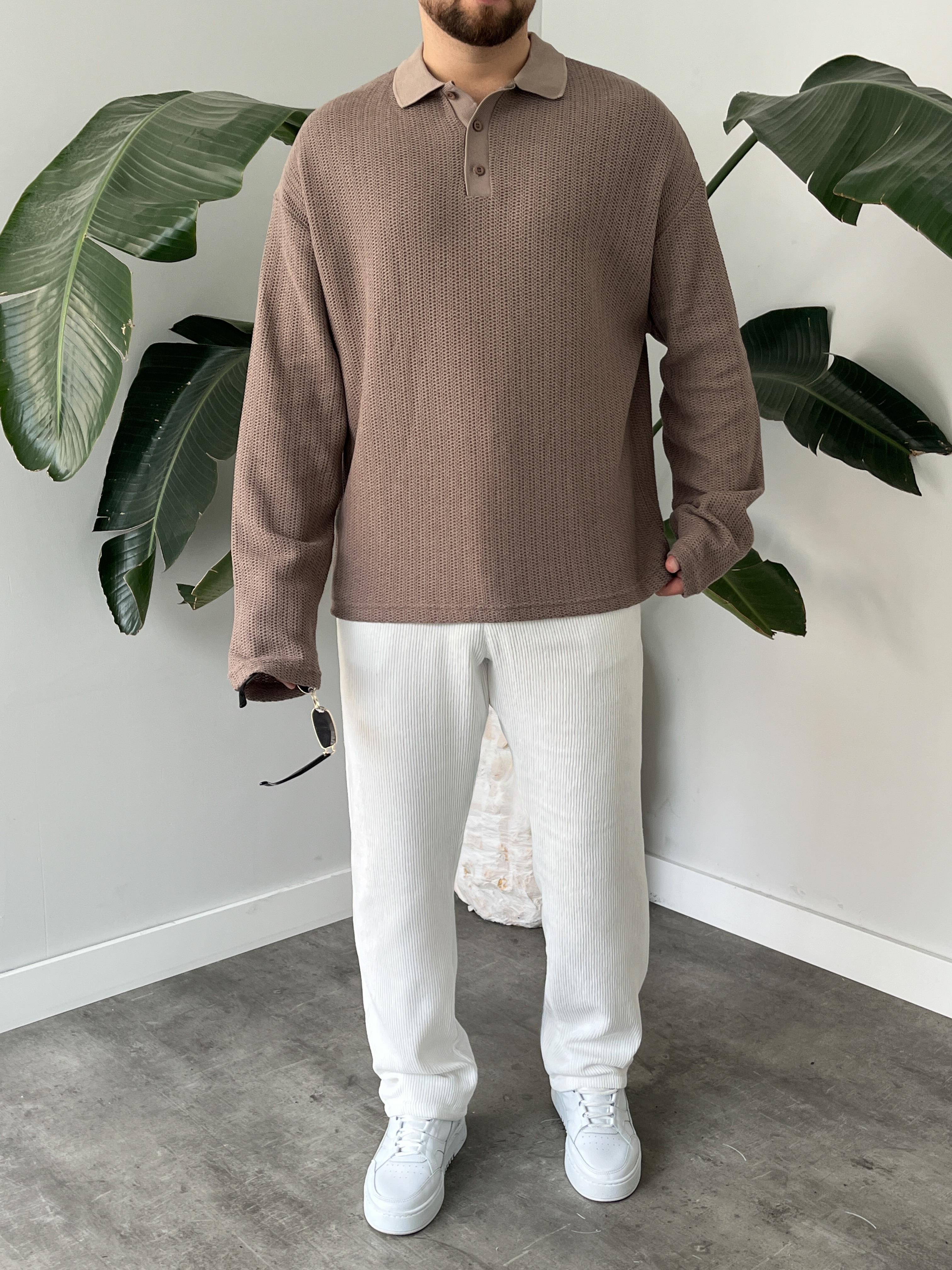 Vizon Waffle Dokulu Polo Yaka Örme Triko Sweatshirt