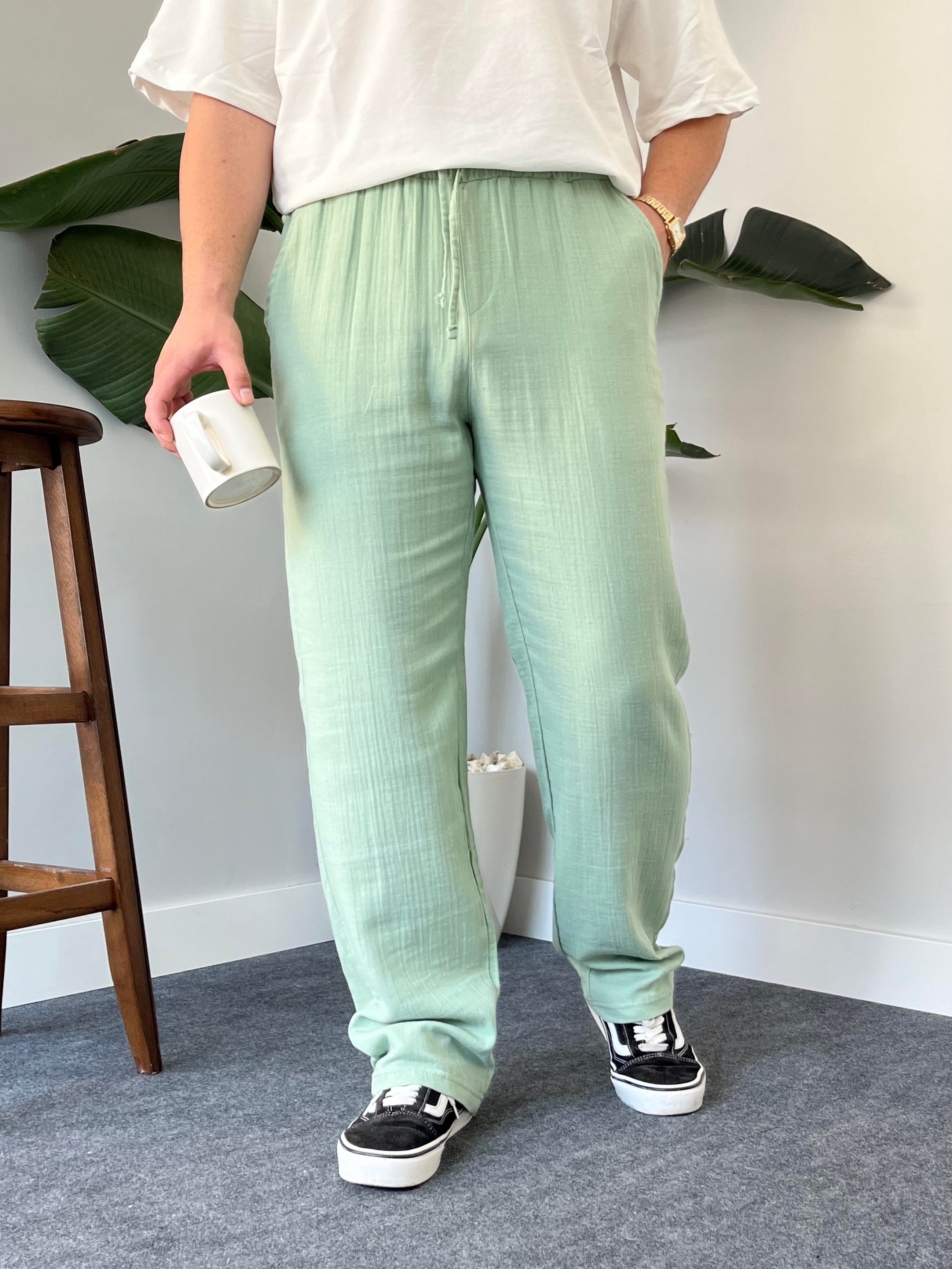 Yeşil Baggy Keten Pantolon