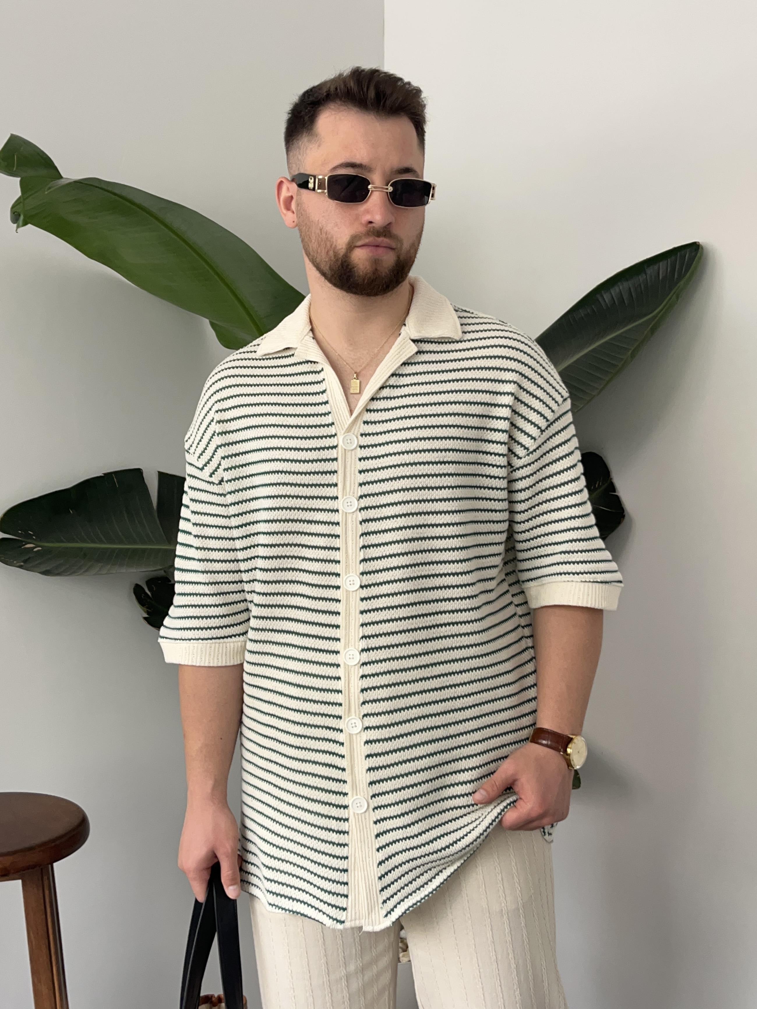 Yeşil Çizgili Gömlek Görünümlü Oversize T-shirt