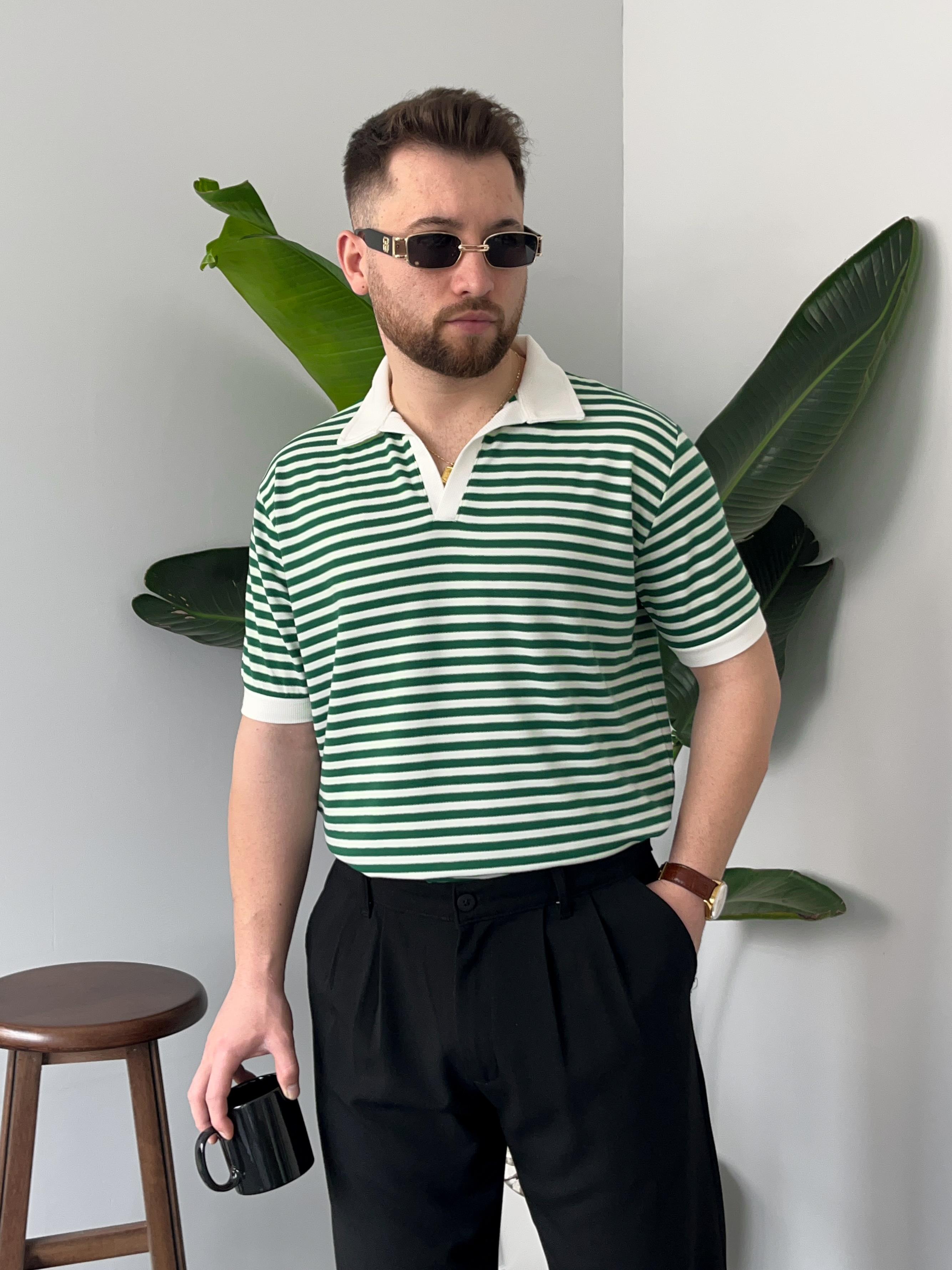 Yeşil Çizgili Polo Yaka Triko T-shirt