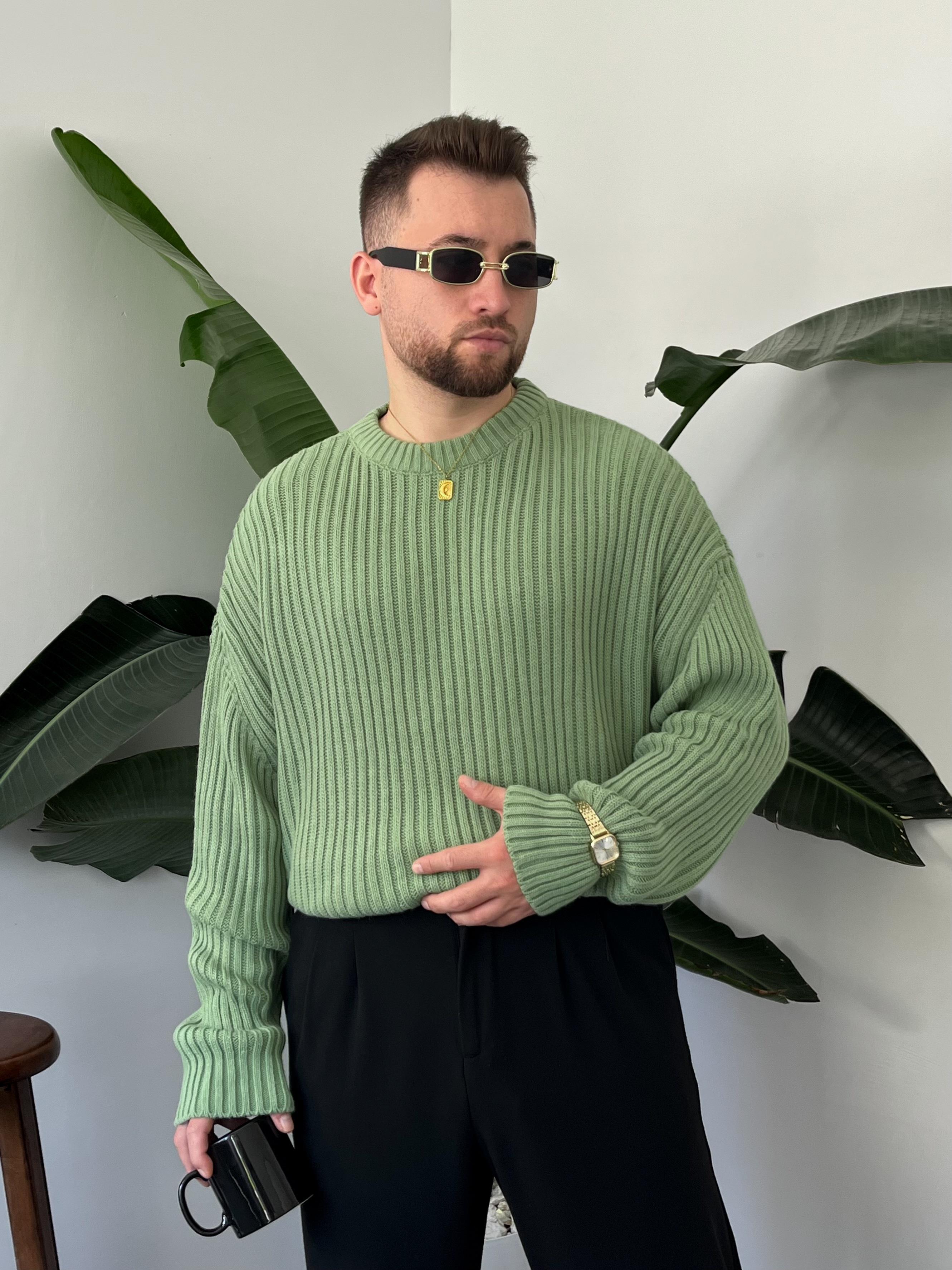 Yeşil Extra Dolgulu Oversize Örgü Kazak