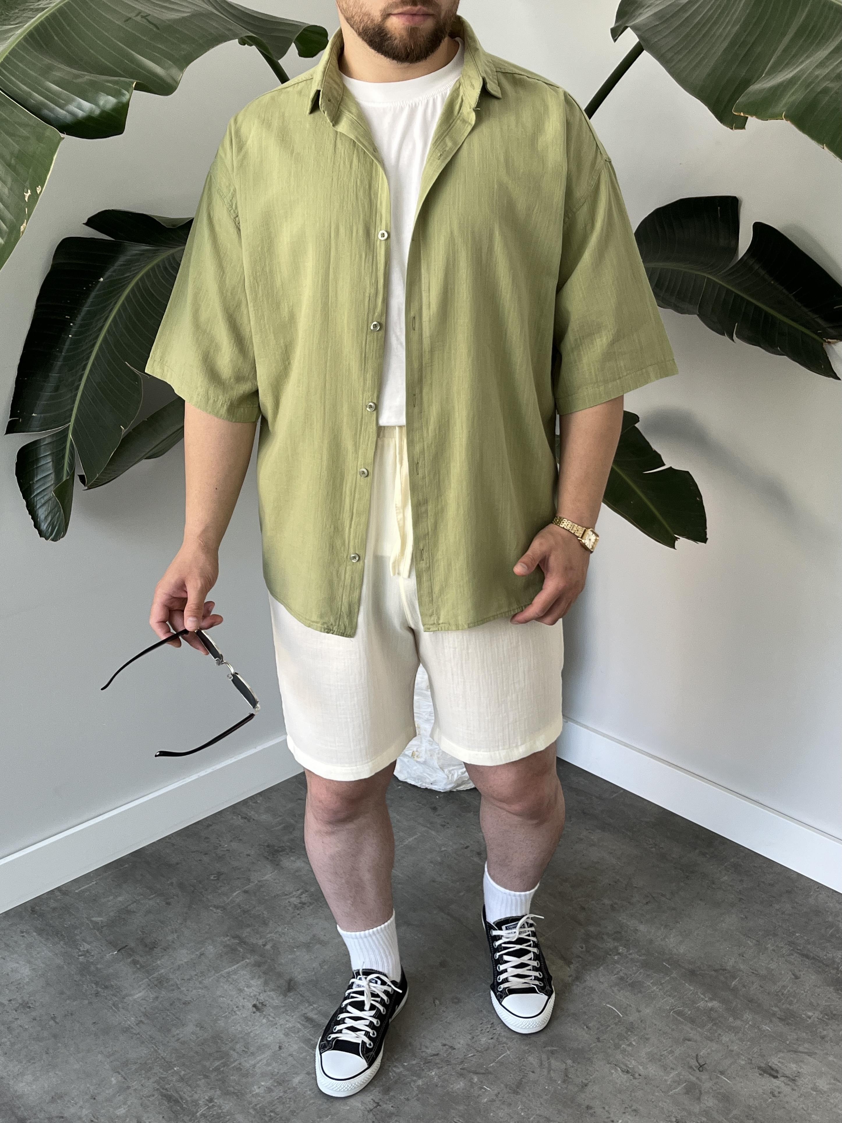 Yeşil Fresh Keten Oversize Gömlek