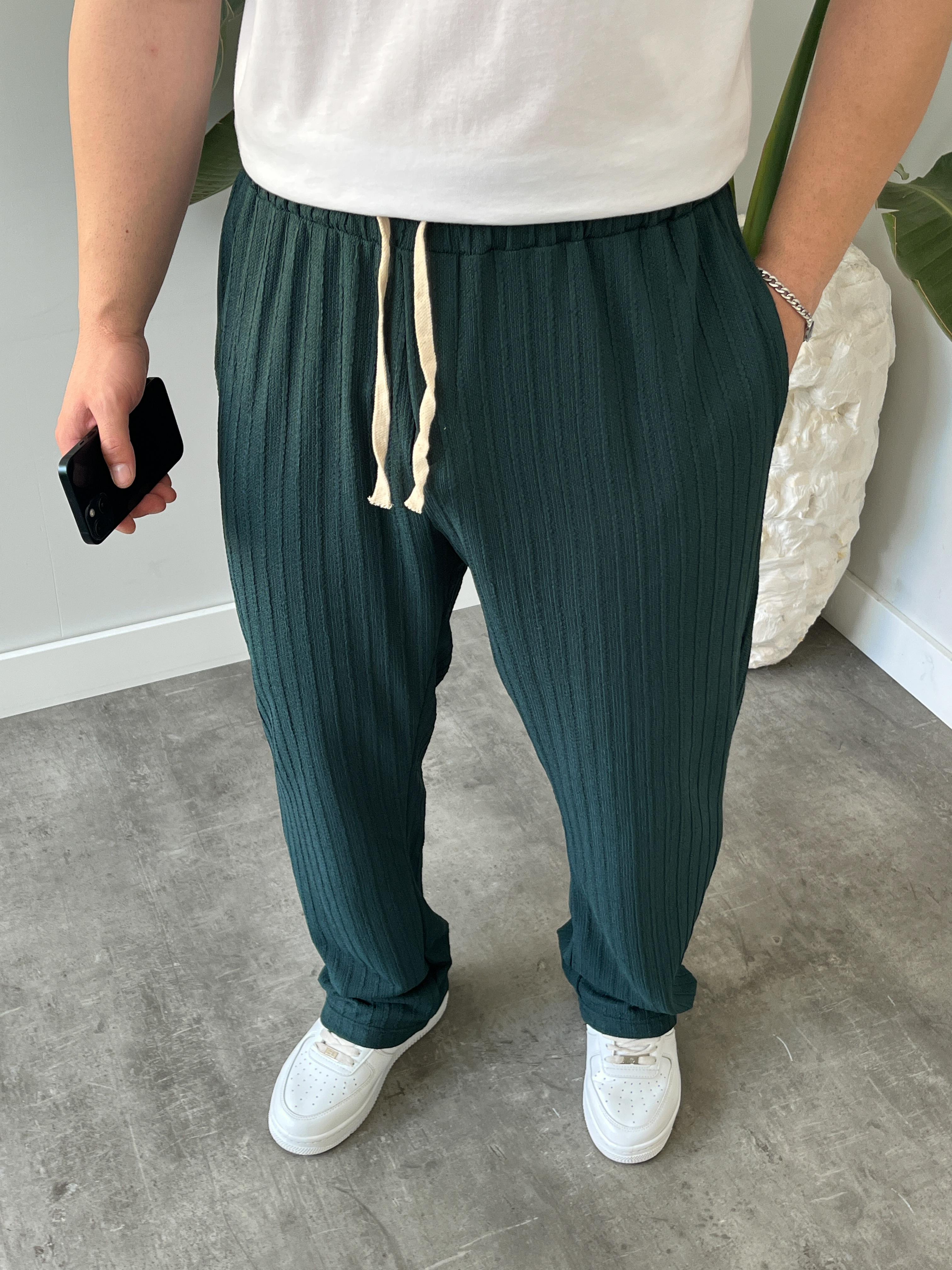 Zümrüt Çizgi Desenli Bağcık Detaylı Baggy Pantolon