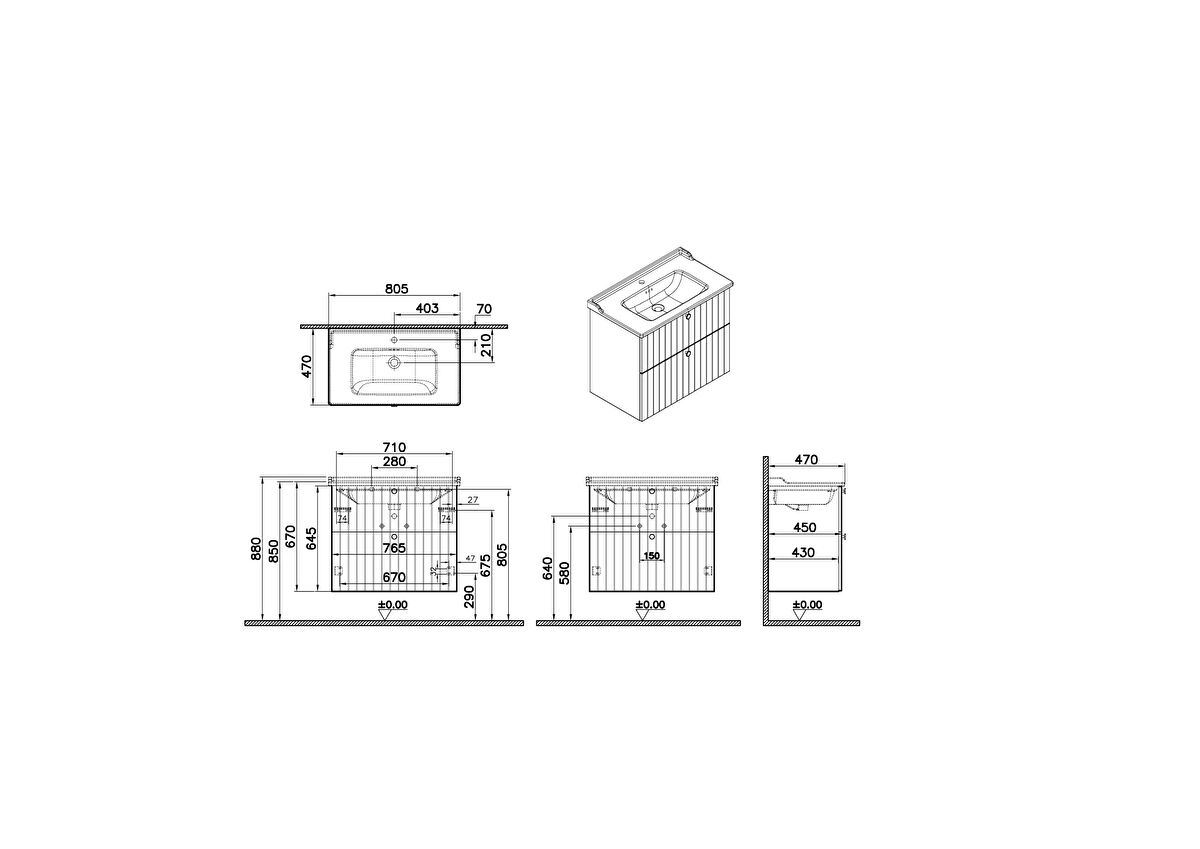 ROOT GROOVE LAVABO DOLABIÇK 80 CM MAT AÇIK GRİ