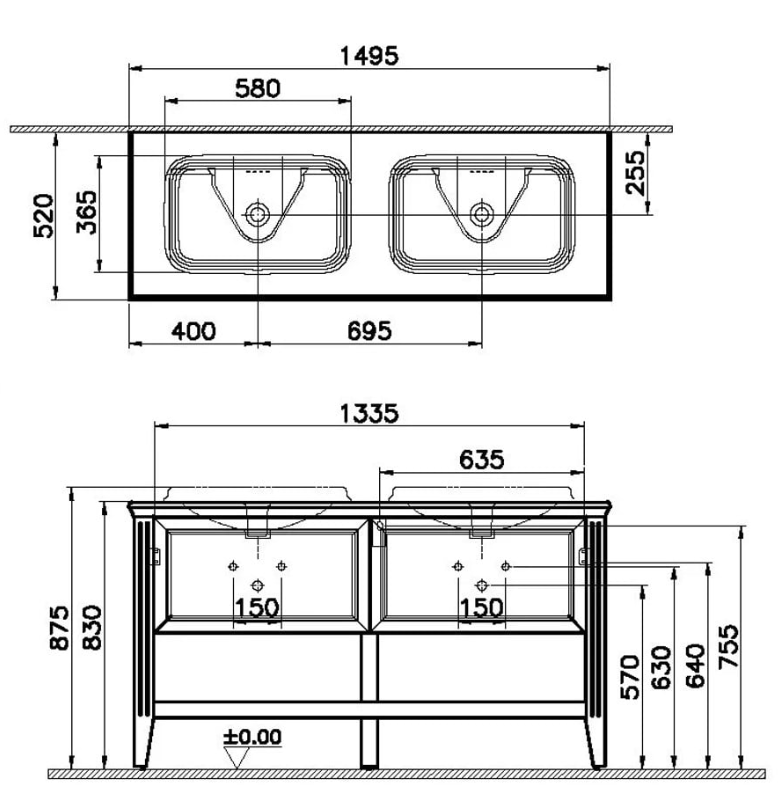 VALARTE LAVABO DOLABI 150CM ÇİFT ÇEKMECELİ MAT GRİ