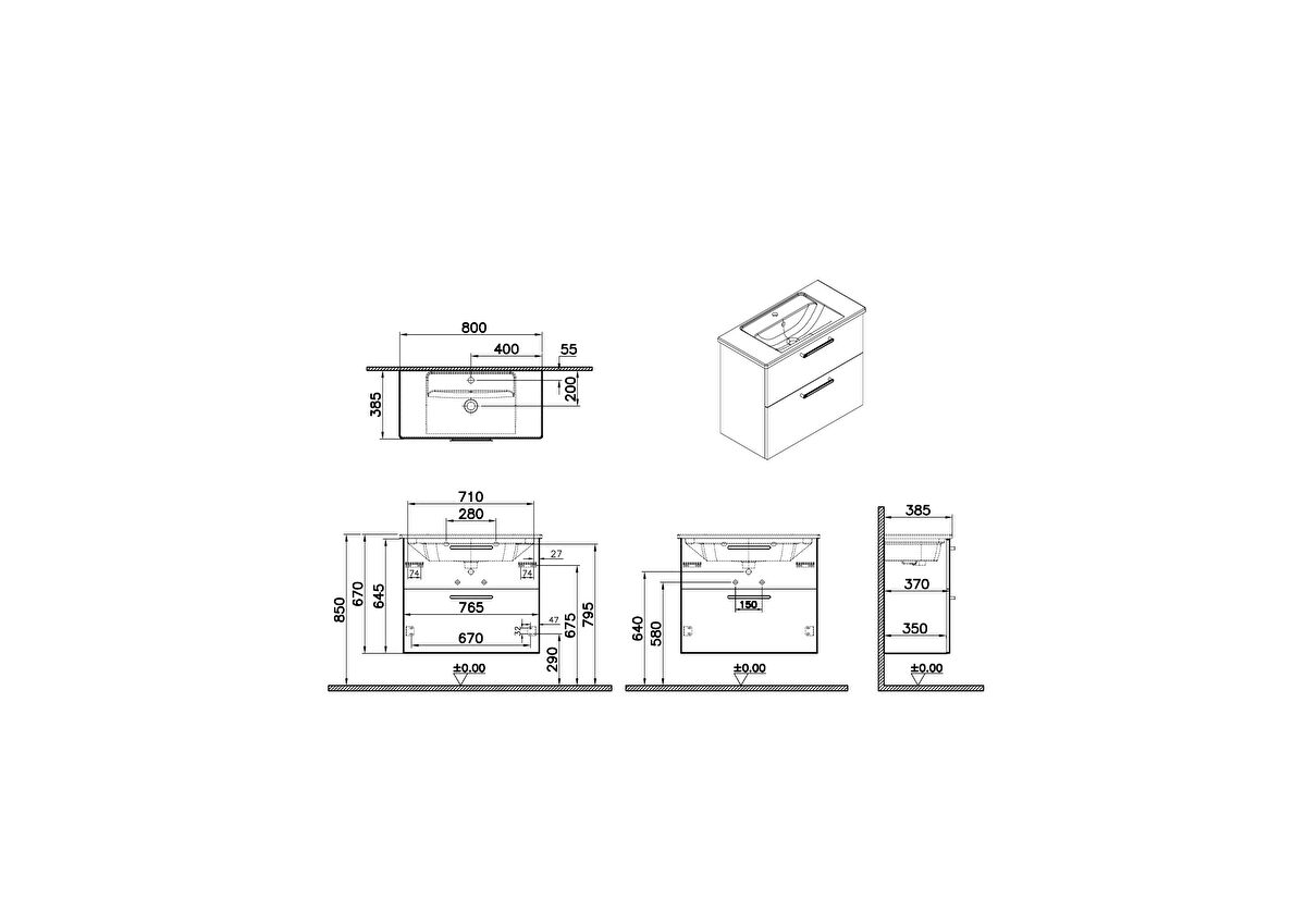ROOT LAVABO DOLABI ÇİFT ÇEKM. DAR 80CM P.BEYAZ