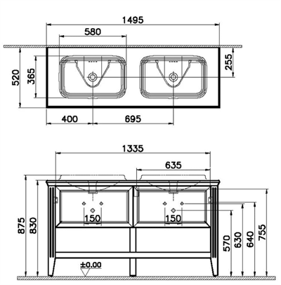 VALARTE LAVABO DOLABI 150CM ÇİFT ÇEKMECELİ MAT GRİ