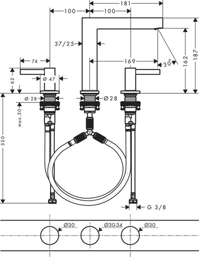 	3-DELİKLİ LAVABO BATARYA 160 BAS-AÇ GİDER SETİ İLE