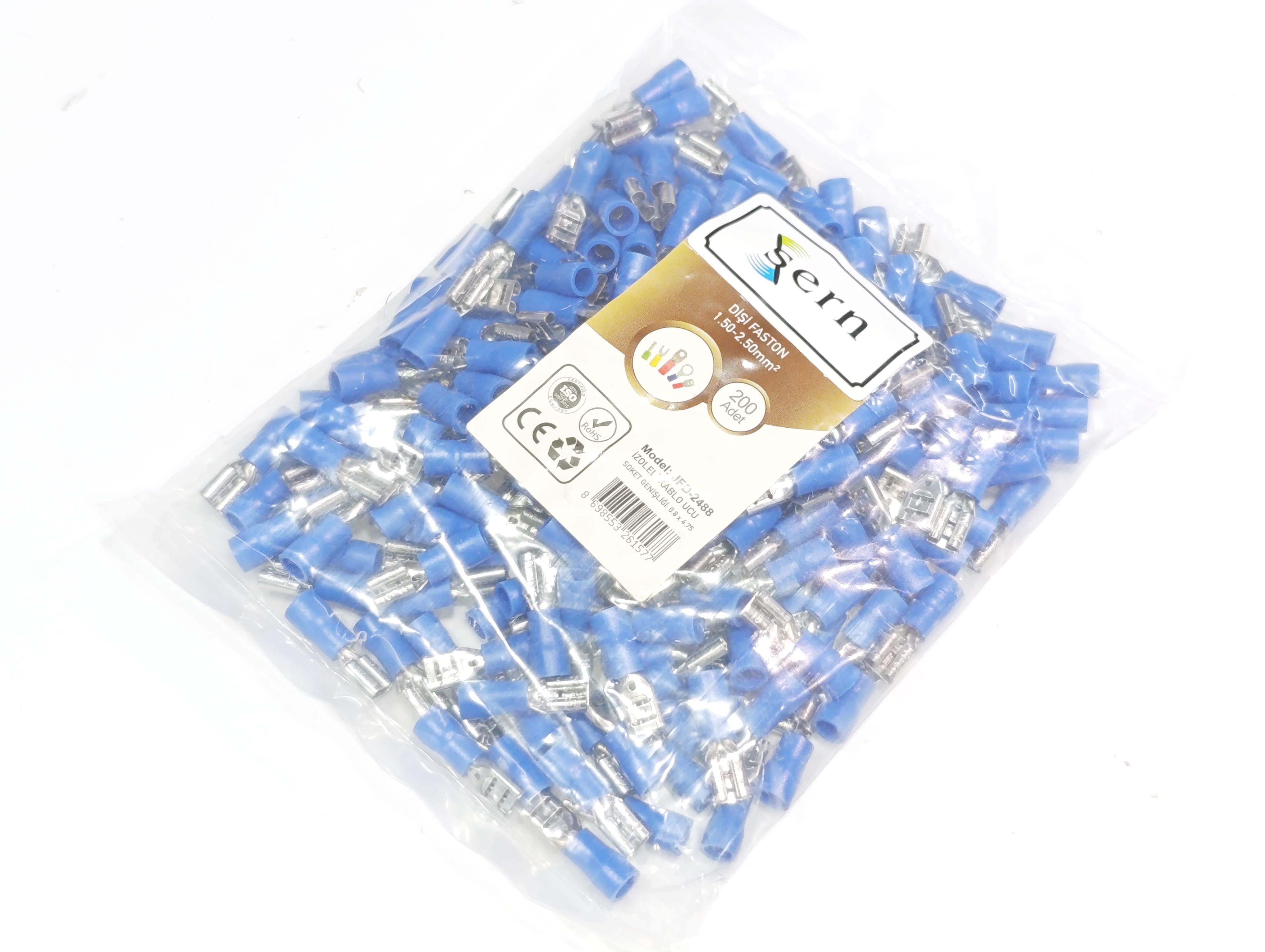  08.Insulated Cable Ends0.8 x 4.75 Female Spade Terminal Insulated Cable End 1.50 x 2.50 mm² Blue Colour – 1 Pack – 200 Pieces0.8 x 4.75 Female Spade Terminal Insulated Cable End 1.50 x 2.50 mm² Blue Colour – 1 Pack – 200 Pieces
