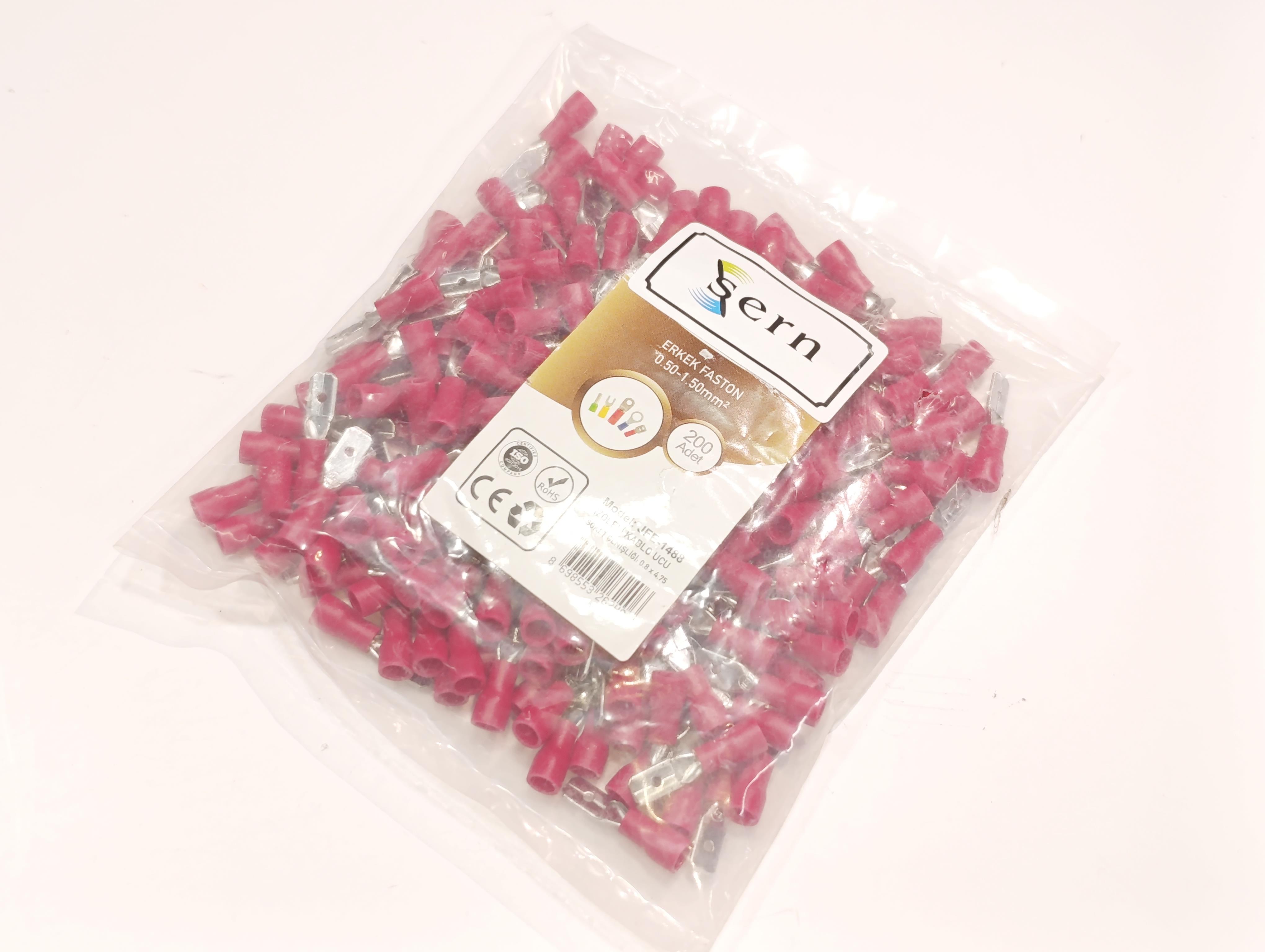  08.Insulated Cable Ends0.8 x 4.75 Socket Male Faston Type Insulated Cable Terminals Red Colour (0.50 x 1.50 mm²) – 1 Pack – 200 Pieces0.8 x 4.75 Socket Male Faston Type Insulated Cable Terminals Red Colour (0.50 x 1.50 mm²) – 1 Pack – 200 Pieces