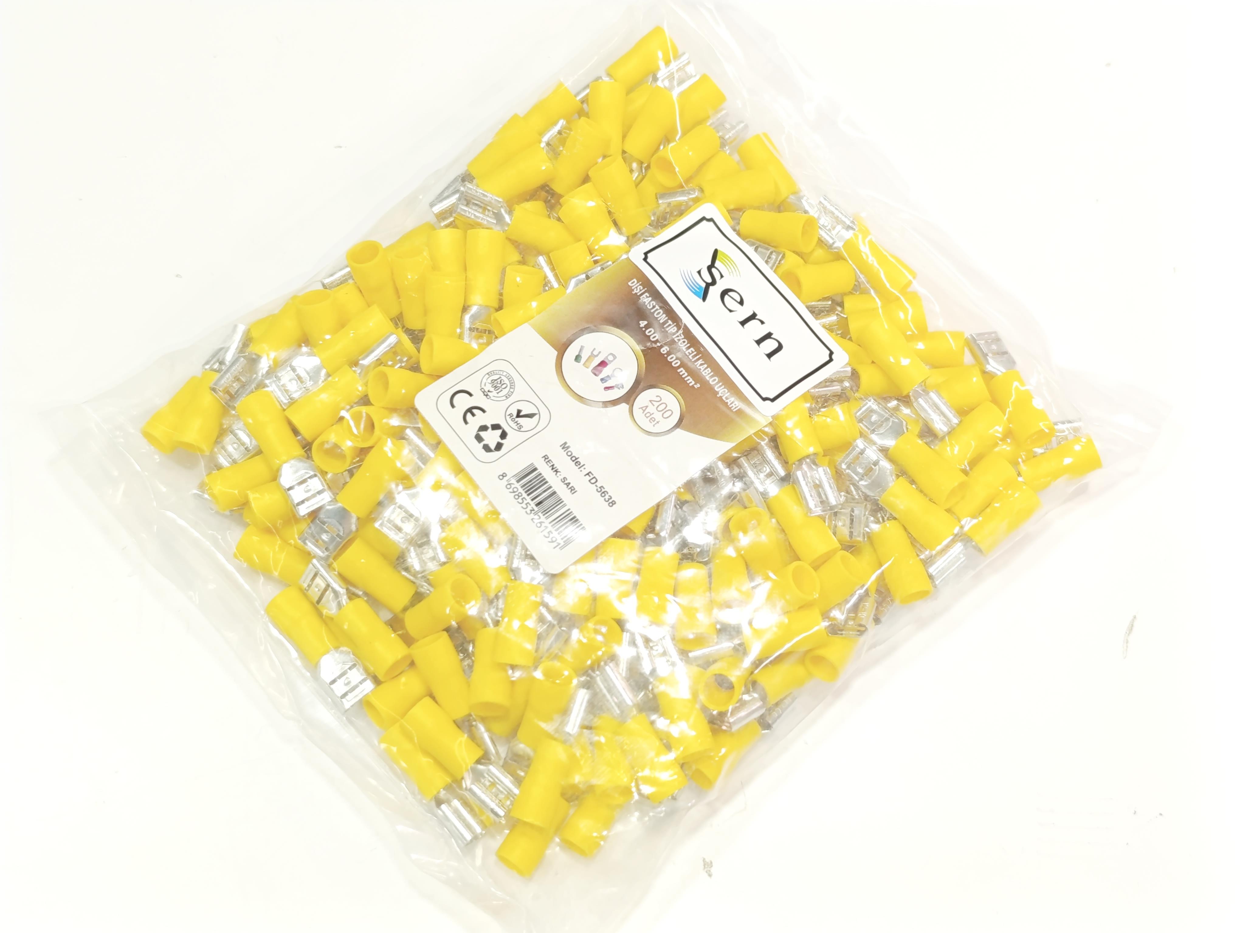  08.Insulated Cable Ends0.8 x 6.35 Female Spade Terminal Insulated Cable End 4 x 6 mm² Yellow Colour – 1 Pack – 200 Pieces0.8 x 6.35 Female Spade Terminal Insulated Cable End 4 x 6 mm² Yellow Colour – 1 Pack – 200 Pieces
