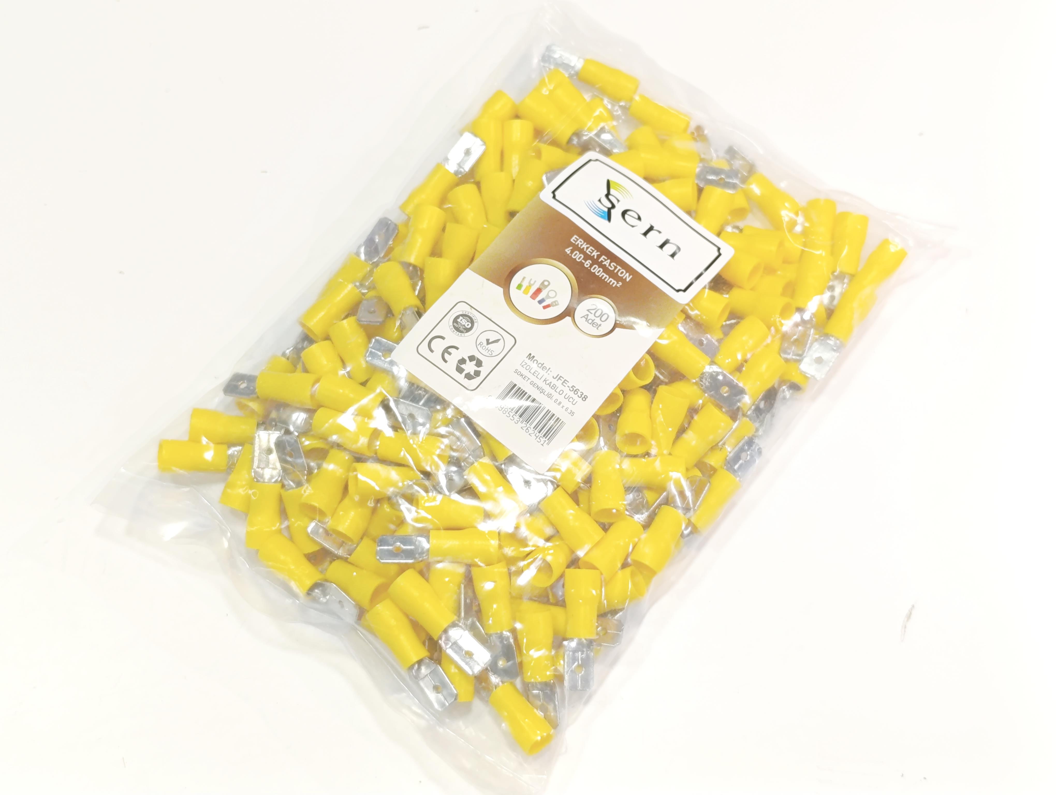  08.Insulated Cable Ends0.8 x 6.35 Socket Male Faston Type Insulated Cable Terminals Yellow Colour (4 x 6 mm²) – 1 Pack – 200 Pieces0.8 x 6.35 Socket Male Faston Type Insulated Cable Terminals Yellow Colour (4 x 6 mm²) – 1 Pack – 200 Pieces