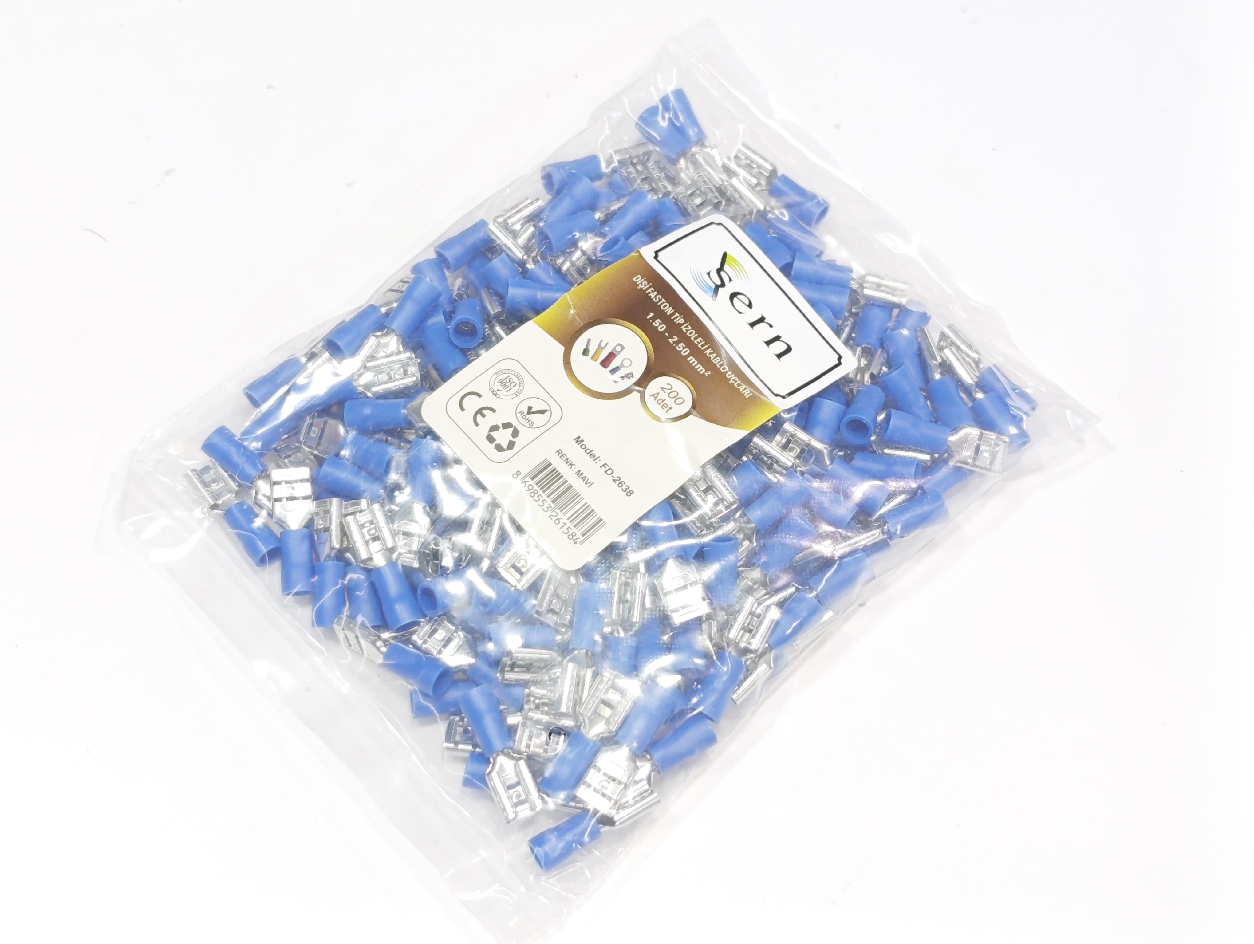  08.Insulated Cable Ends0.8 x 6.35 Female Spade Terminal Insulated Cable End 1.50 x 2.50 mm² Blue Colour – 1 Pack – 200 Pieces0.8 x 6.35 Female Spade Terminal Insulated Cable End 1.50 x 2.50 mm² Blue Colour – 1 Pack – 200 Pieces