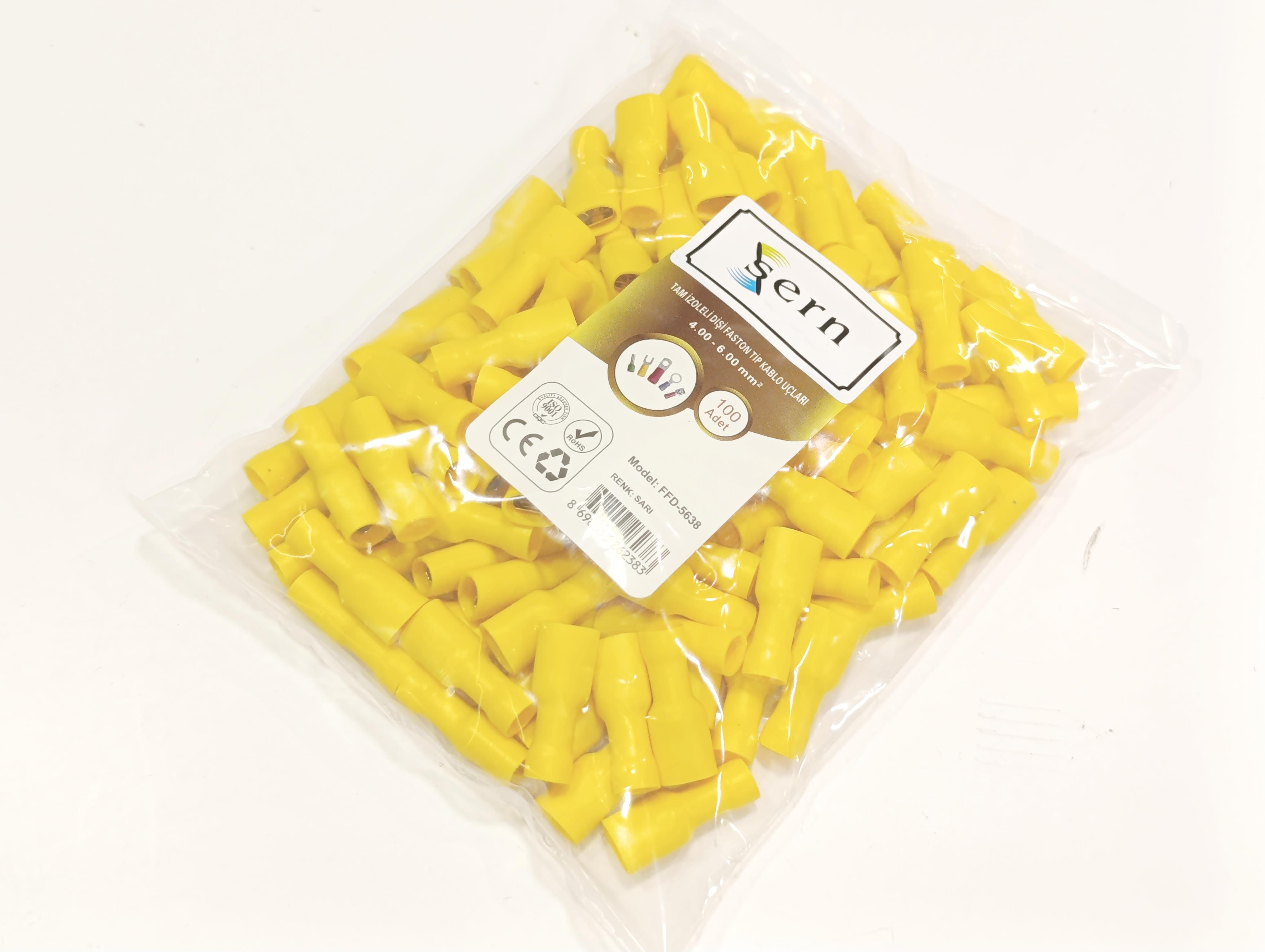  08.Insulated Cable Ends0.8 x 6.35 Fully Insulated Female Spade Terminal 4.00 x 6.00 mm² Yellow Colour – 1 Pack – 100 Pieces0.8 x 6.35 Fully Insulated Female Spade Terminal 4.00 x 6.00 mm² Yellow Colour – 1 Pack – 100 Pieces