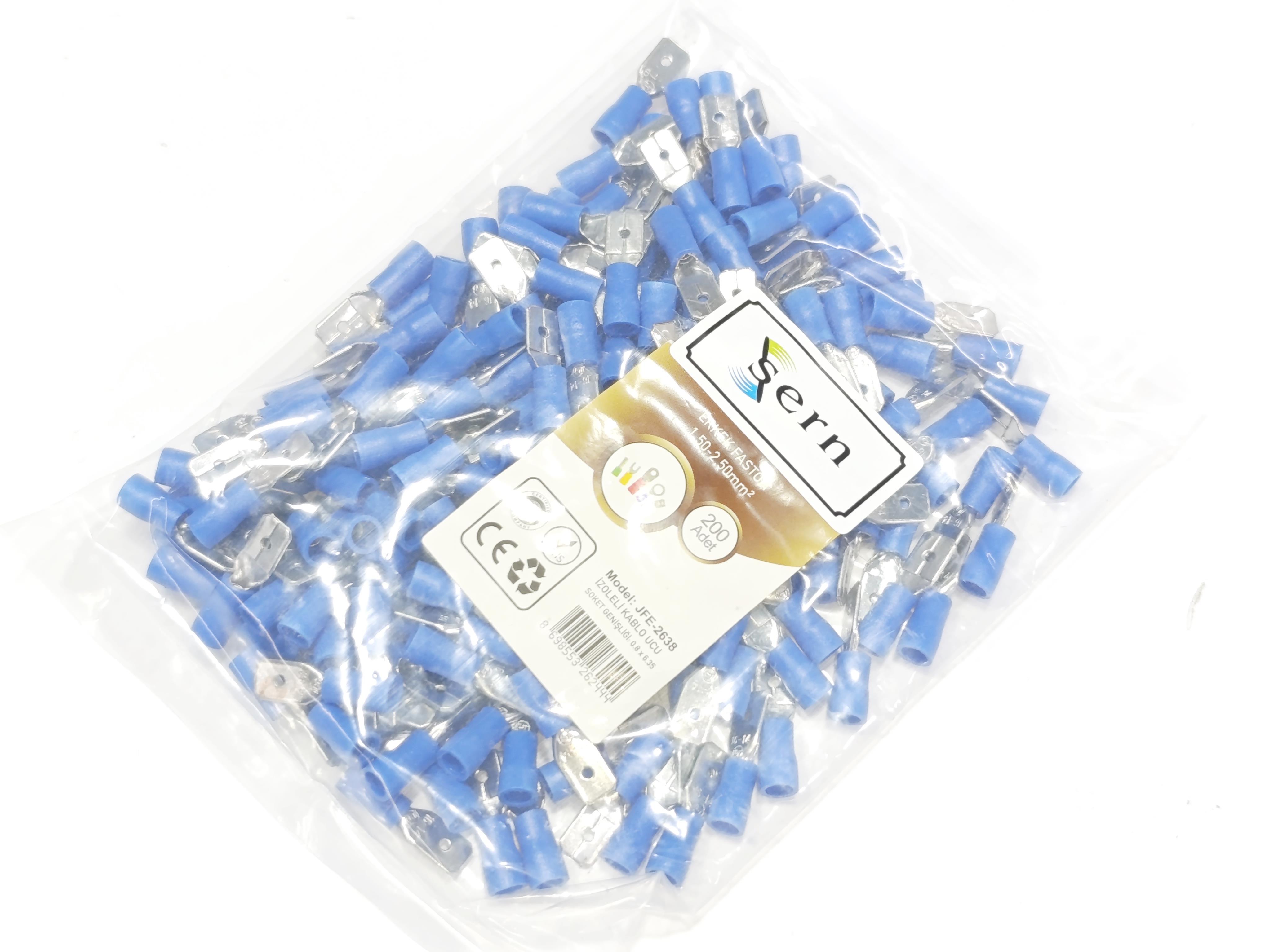  08.Insulated Cable Ends0.8 x 6.35 Socket Male Faston Type Insulated Cable Terminals Blue Colour (1.50 x 2.50 mm²) – 1 Pack – 200 Pieces0.8 x 6.35 Socket Male Faston Type Insulated Cable Terminals Blue Colour (1.50 x 2.50 mm²) – 1 Pack – 200 Pieces
