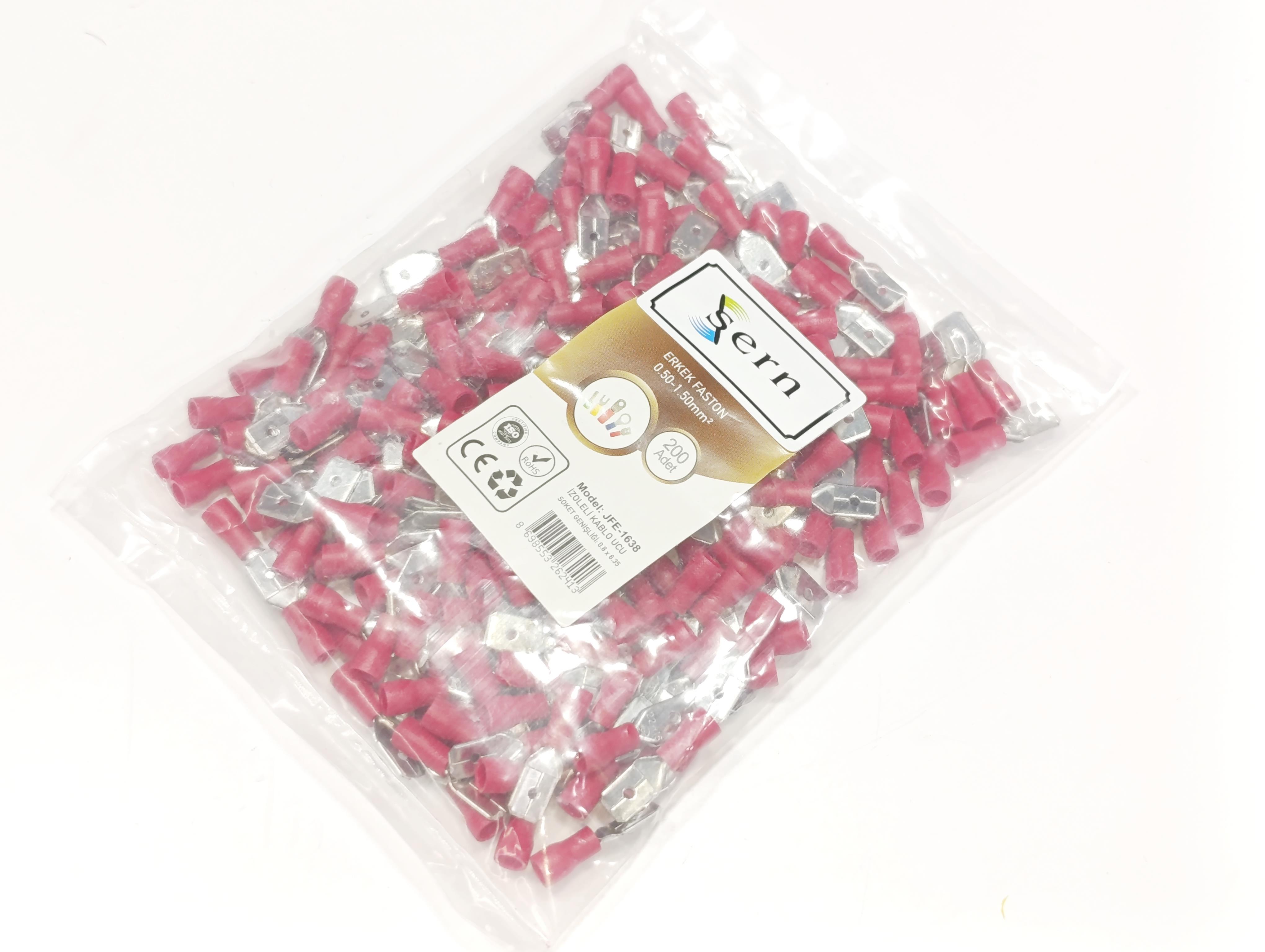  08.Insulated Cable Ends0.8 x 6.35 Socket Male Faston Type Insulated Cable Terminals Red Colour (0.50 x 1.50 mm²) – 1 Pack – 200 Pieces0.8 x 6.35 Socket Male Faston Type Insulated Cable Terminals Red Colour (0.50 x 1.50 mm²) – 1 Pack – 200 Pieces