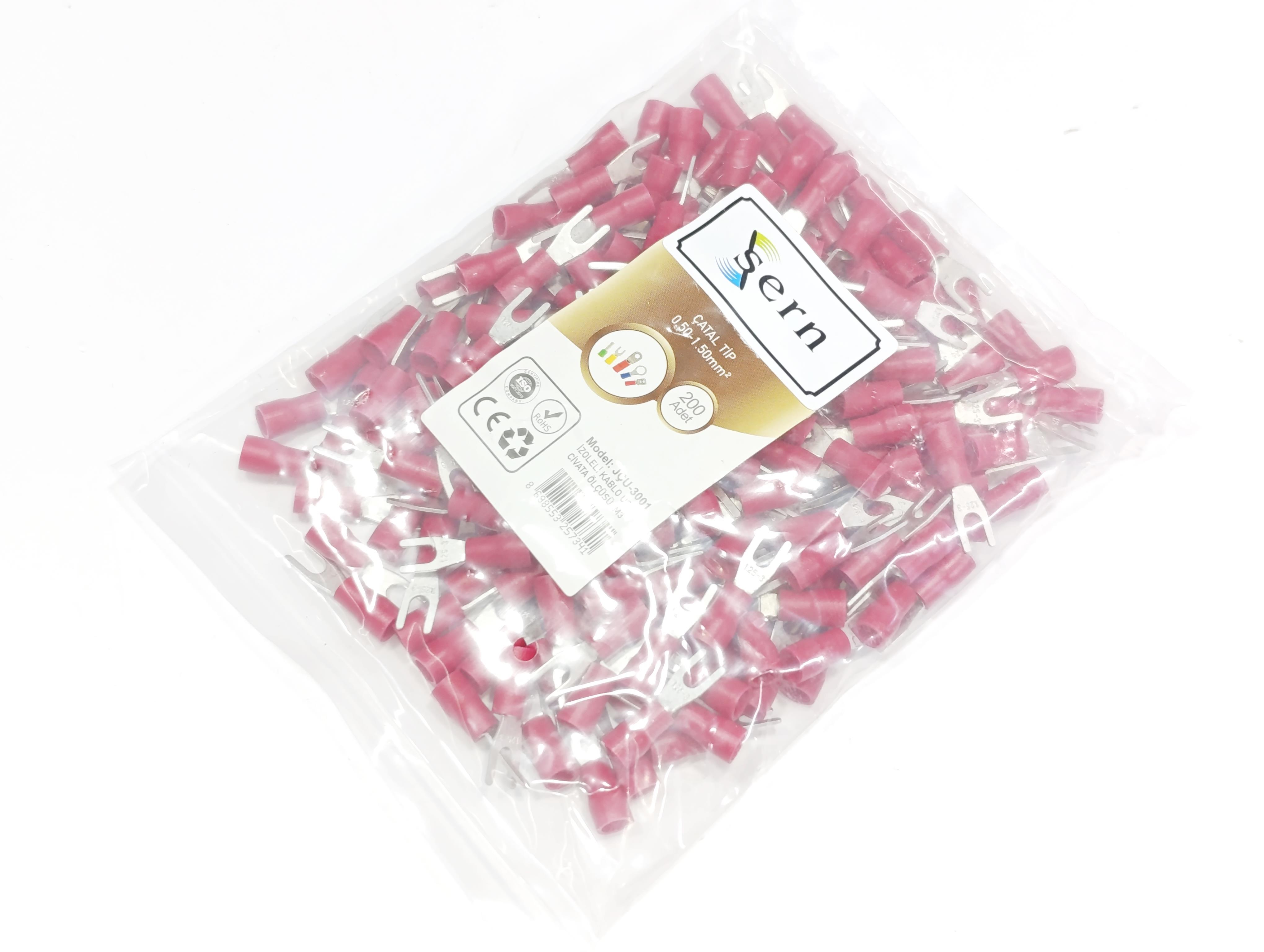 08.Insulated Cable EndsM3 (0.50 x 1.50 mm²) Fork Type Insulated Cable End Terminals Red Colour – 1 Pack – 200 PiecesM3 (0.50 x 1.50 mm²) Fork Type Insulated Cable End Terminals Red Colour – 1 Pack – 200 Pieces