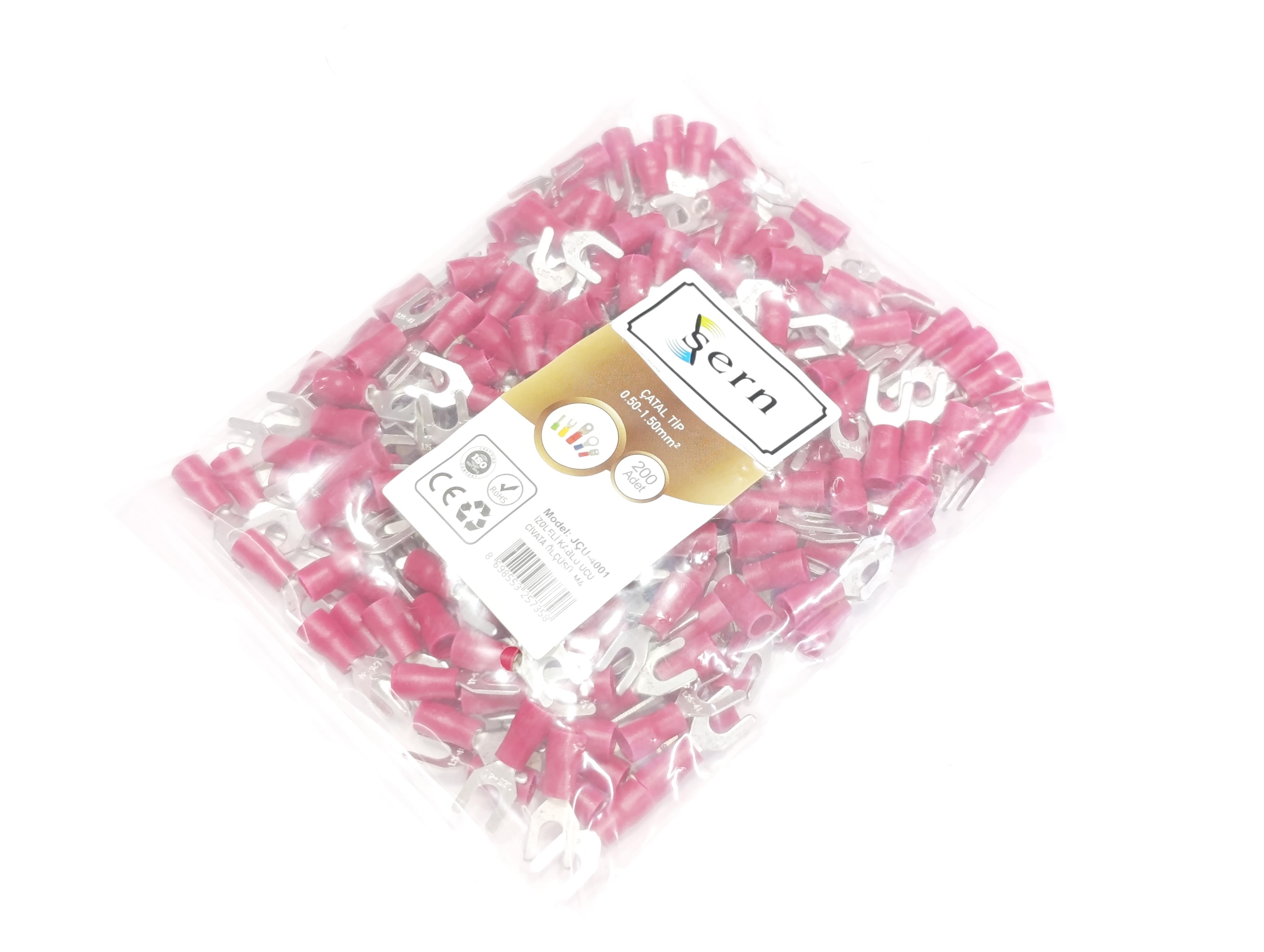  08.Insulated Cable EndsM4 (0.50 x 1.50 mm²) Fork Type Insulated Cable End Terminals Red Colour – 1 Pack – 200 PiecesM4 (0.50 x 1.50 mm²) Fork Type Insulated Cable End Terminals Red Colour – 1 Pack – 200 Pieces