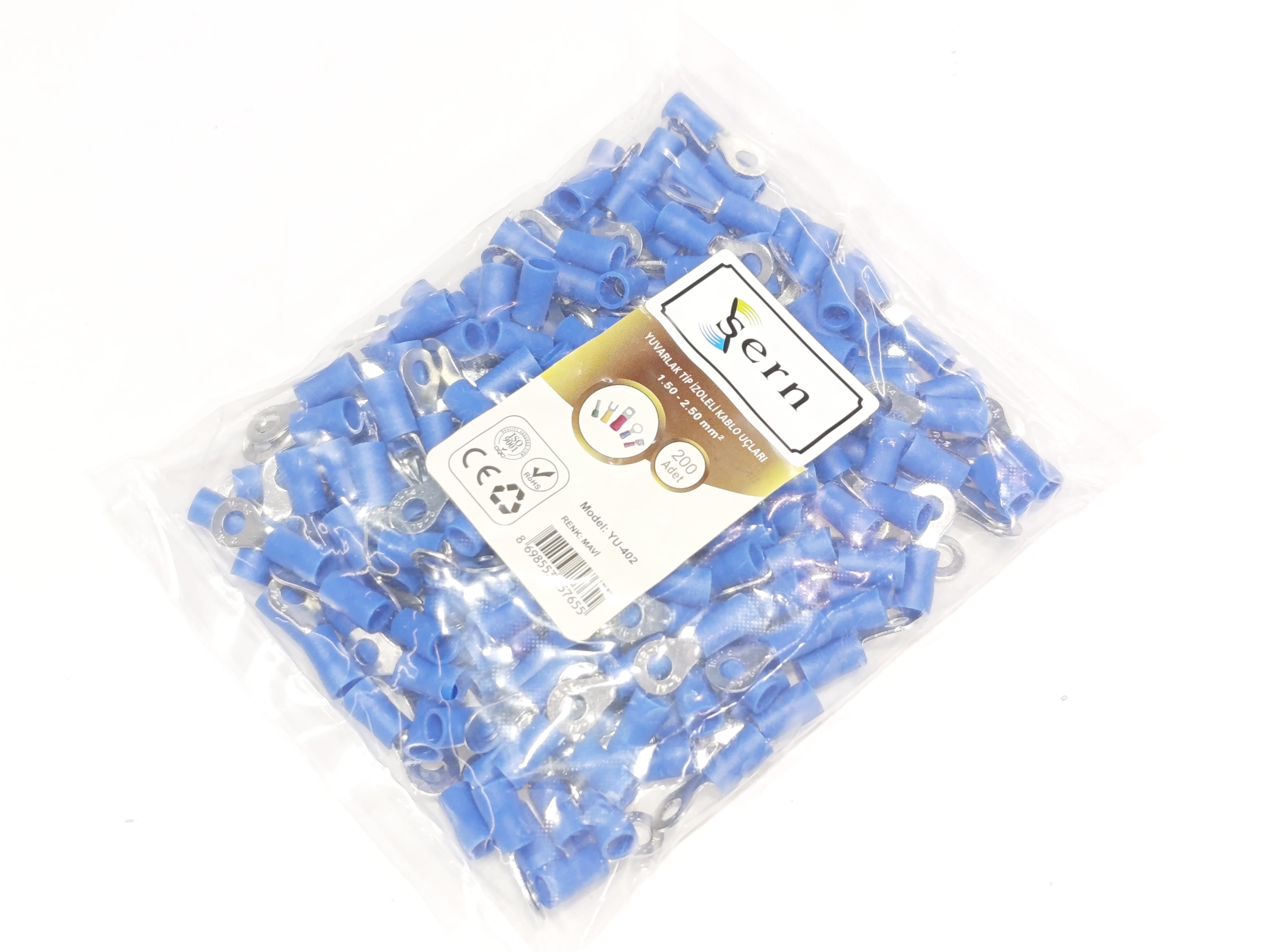  08.Insulated Cable EndsM4 (1.50 x 2.50 mm²) Round Type Insulated Cable End Terminals Blue Colour – 1 Pack – 200 PiecesM4 (1.50 x 2.50 mm²) Round Type Insulated Cable End Terminals Blue Colour – 1 Pack – 200 Pieces