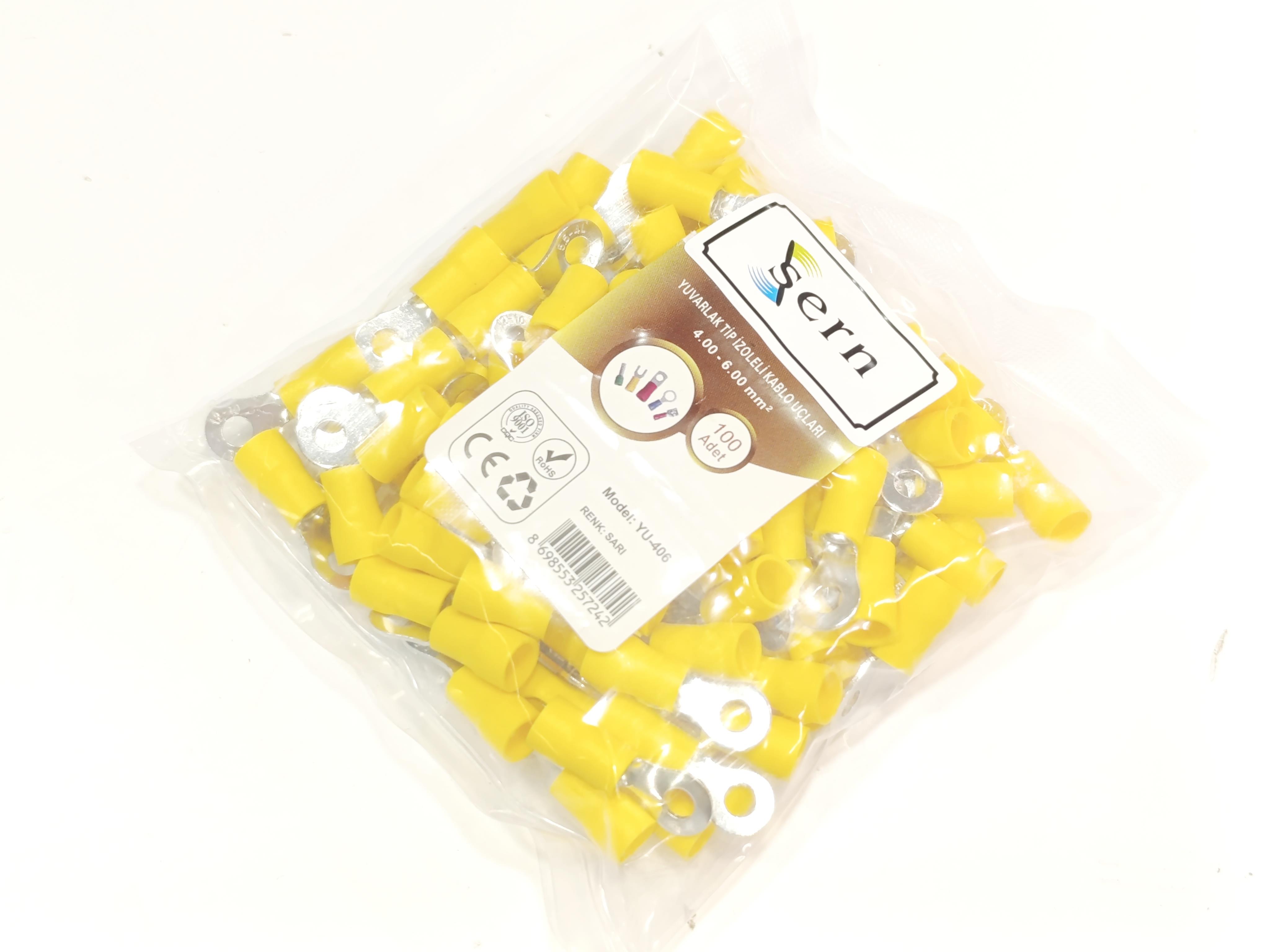  08.Insulated Cable EndsM4 (4 x 6 mm²) Round Type Insulated Cable End Terminals Yellow Colour – 1 Pack – 100 PiecesM4 (4 x 6 mm²) Round Type Insulated Cable End Terminals Yellow Colour – 1 Pack – 100 Pieces