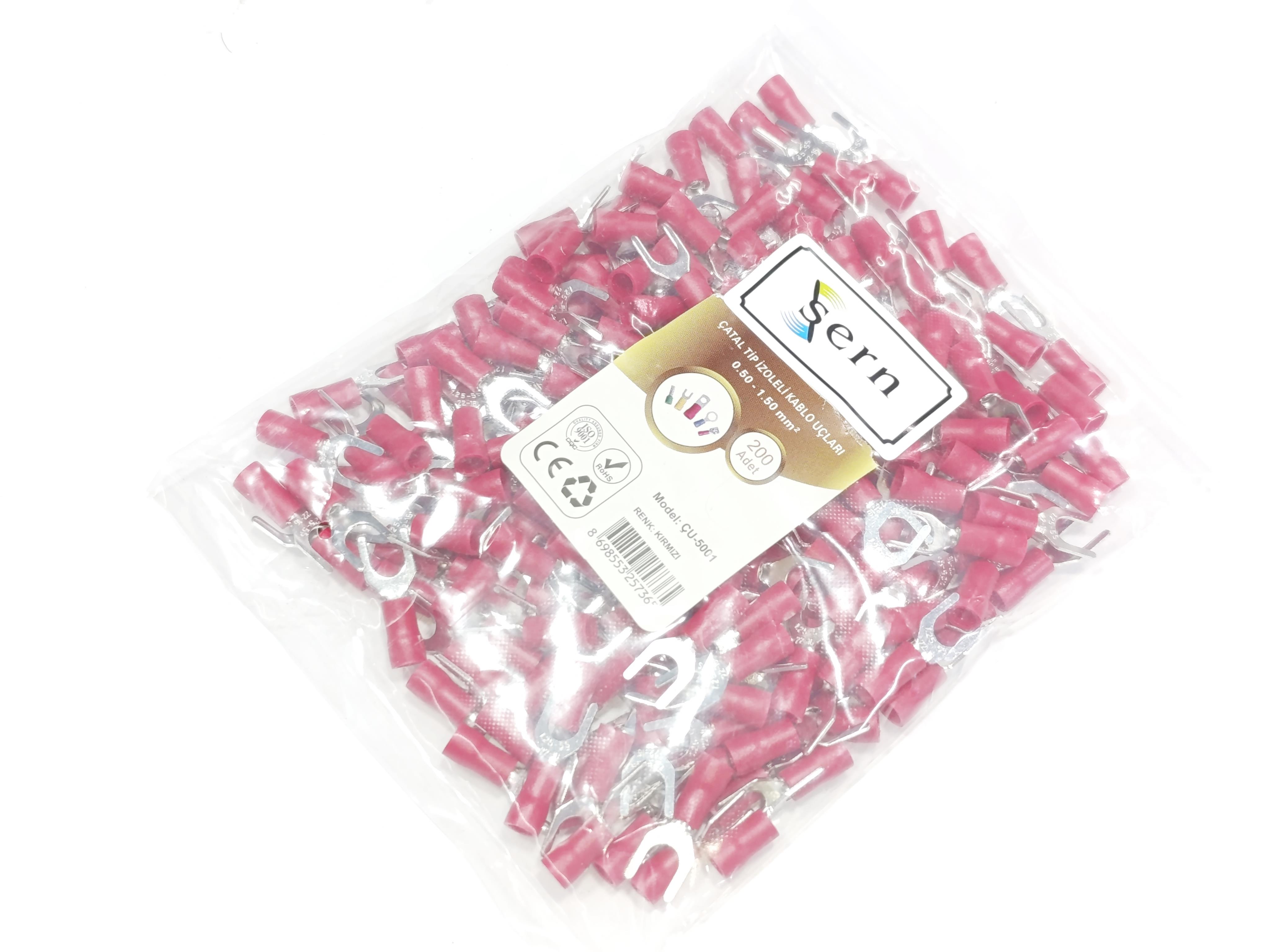  08.Insulated Cable EndsM5 (0.50 x 1.50 mm²) Fork Type Insulated Cable End Terminals Red Colour – 1 Pack – 200 PiecesM5 (0.50 x 1.50 mm²) Fork Type Insulated Cable End Terminals Red Colour – 1 Pack – 200 Pieces