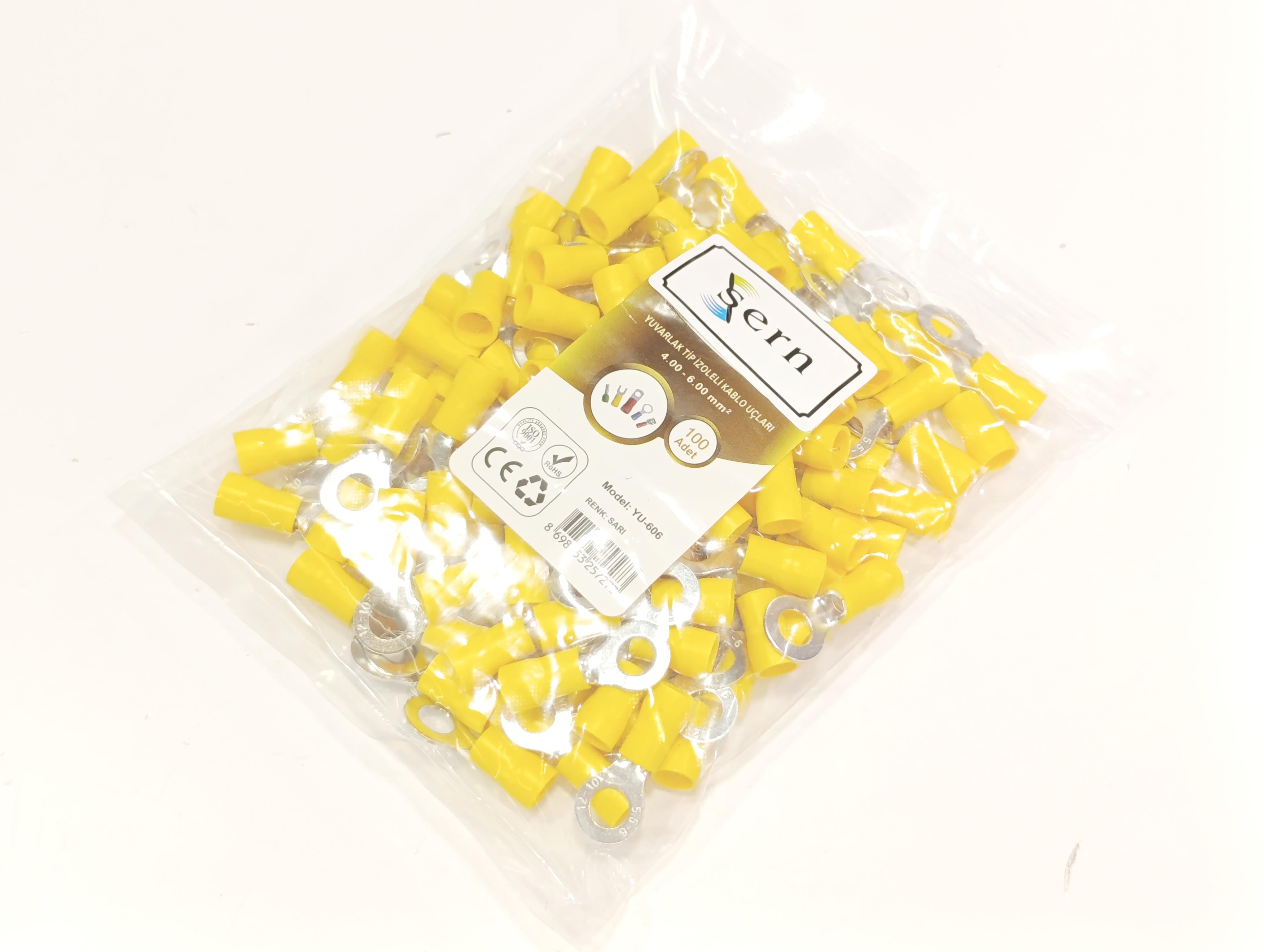  08.Insulated Cable EndsM6 (4 x 6 mm²) Round Type Insulated Cable End Terminals Yellow Colour – 1 Pack – 100 PiecesM6 (4 x 6 mm²) Round Type Insulated Cable End Terminals Yellow Colour – 1 Pack – 100 Pieces