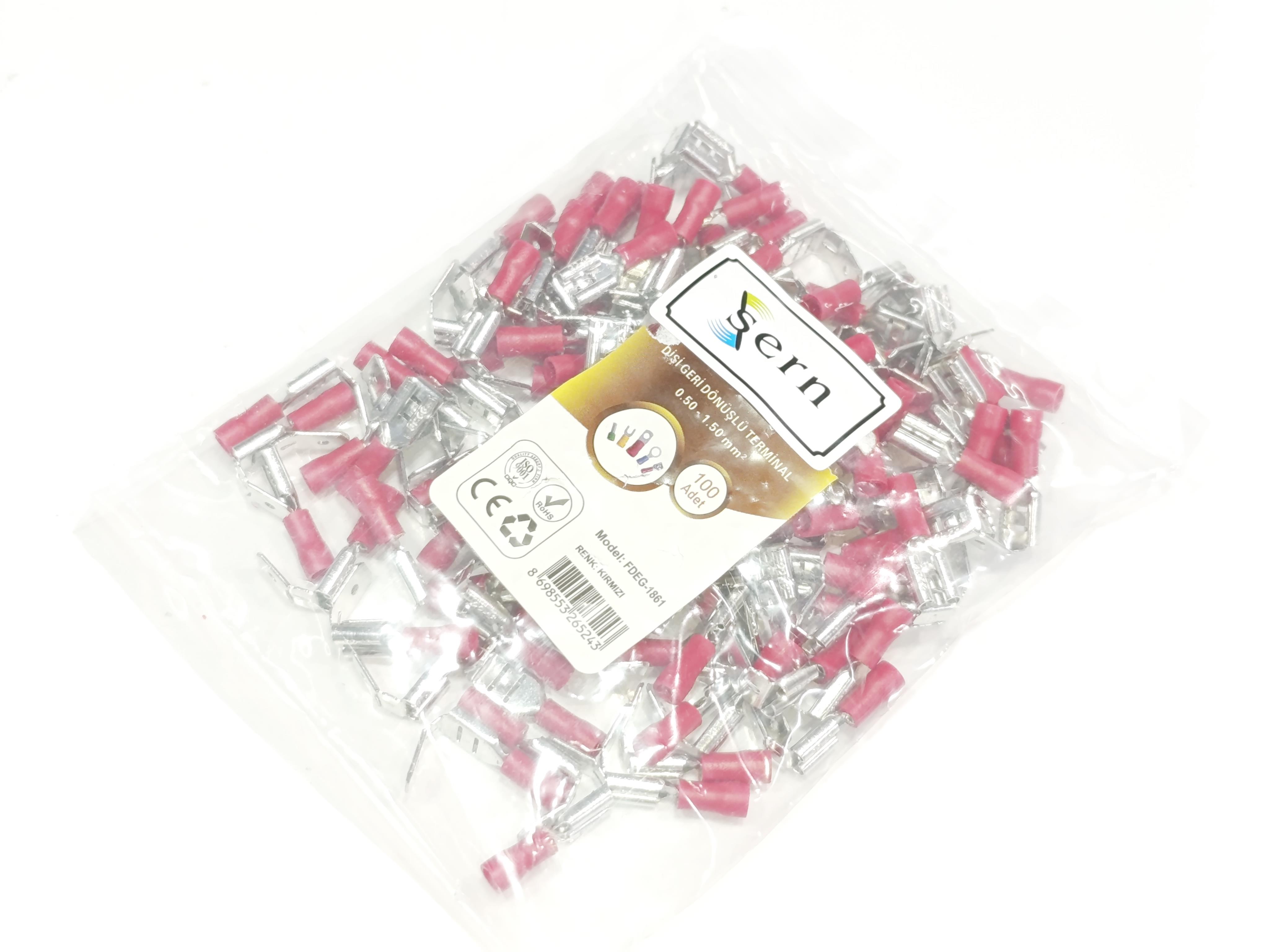  08.Insulated Cable EndsMale/Female Recyclable Terminal 0.8 x 2.80 Insulated Socket Red Colour (0.50 x 1.50 mm²) – 1 Pack – 100 PiecesMale/Female Recyclable Terminal 0.8 x 2.80 Insulated Socket Red Colour (0.50 x 1.50 mm²) – 1 Pack – 100 Pieces