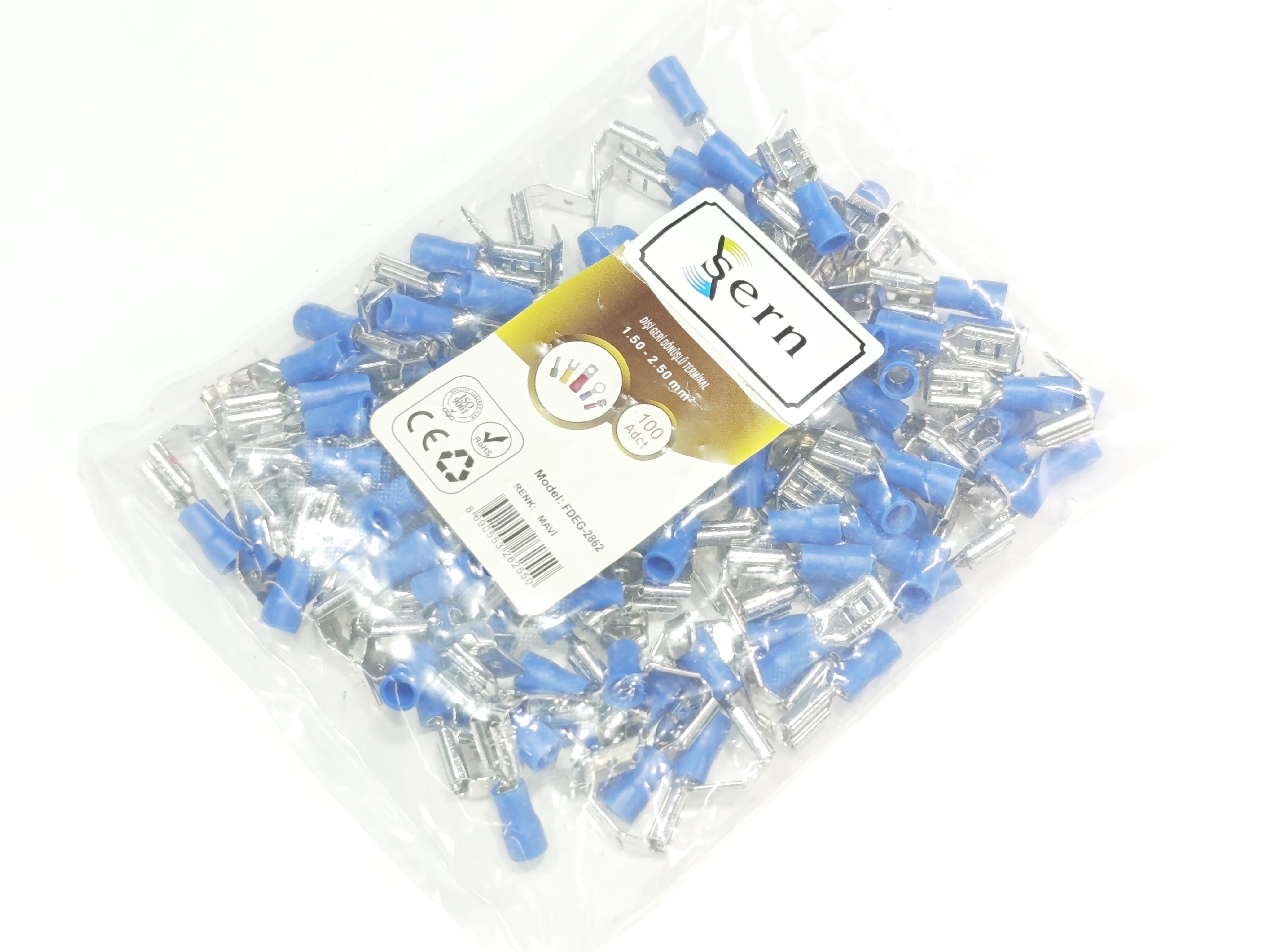  08.Insulated Cable EndsMale/Female Recyclable Terminal 0.8 x 4.75 Insulated Socket Blue Colour (1.50 x 2.50 mm²) – 1 Pack – 100 PiecesMale/Female Recyclable Terminal 0.8 x 4.75 Insulated Socket Blue Colour (1.50 x 2.50 mm²) – 1 Pack – 100 Pieces