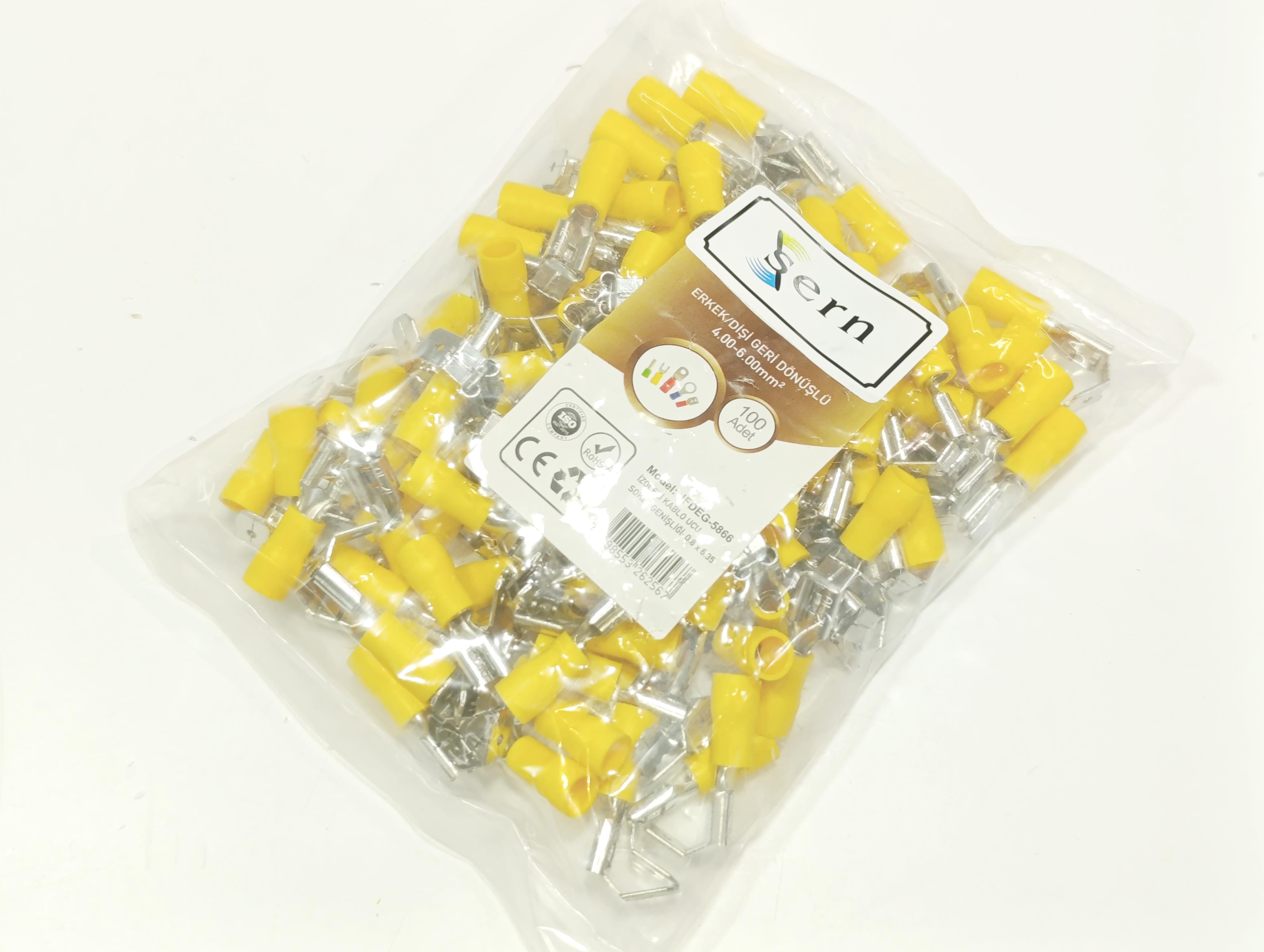  08.Insulated Cable EndsMale/Female Recyclable Terminal 0.8 x 6.35 Insulated Socket Yellow Colour (4 x 6 mm²) – 1 Pack – 100 PiecesMale/Female Recyclable Terminal 0.8 x 6.35 Insulated Socket Yellow Colour (4 x 6 mm²) – 1 Pack – 100 Pieces