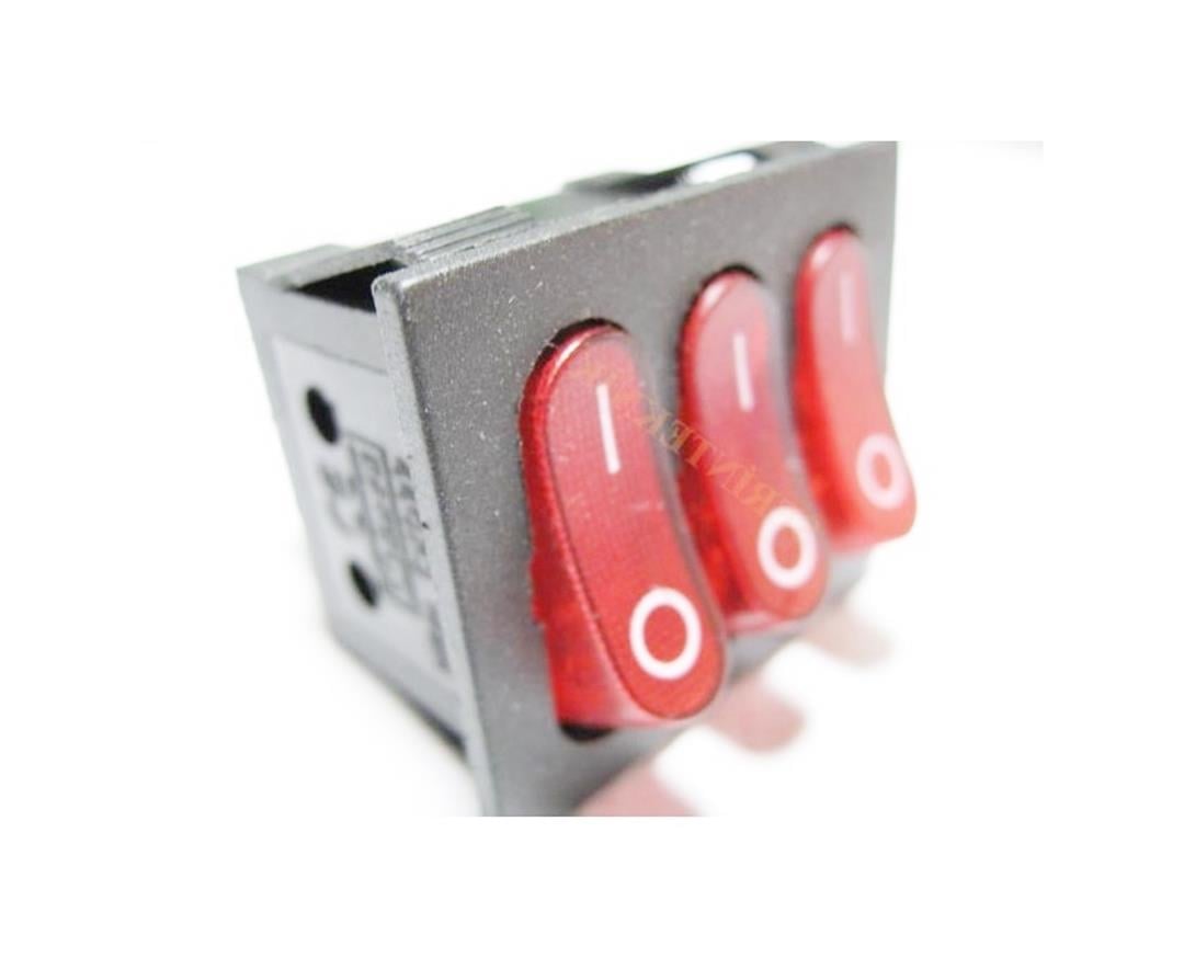 Triple Illuminated On/Off Switch with Socket, Red, 230V 16A, 7-Socket Strip