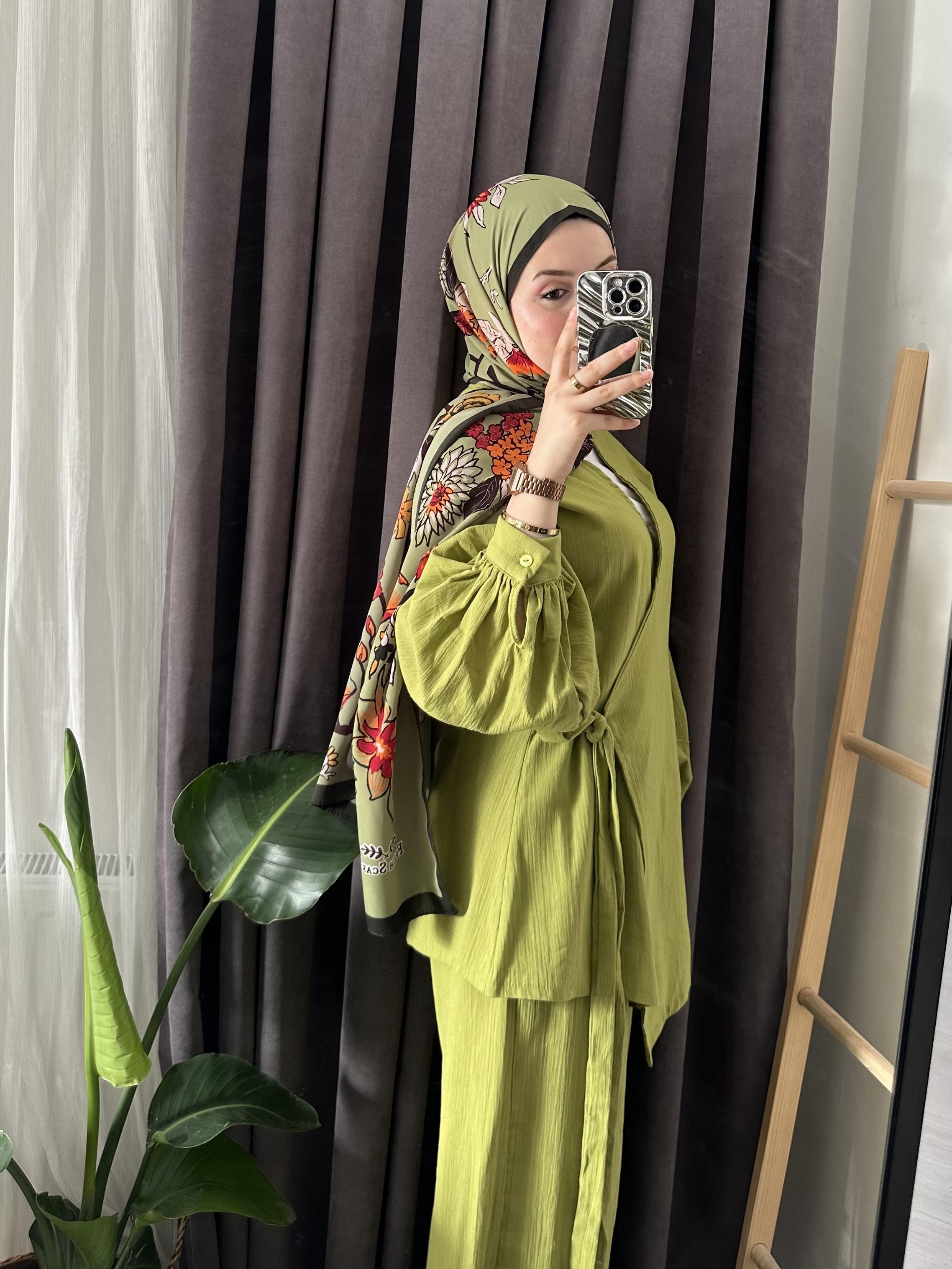 Keten Kimono Takım Yağ Yeşili