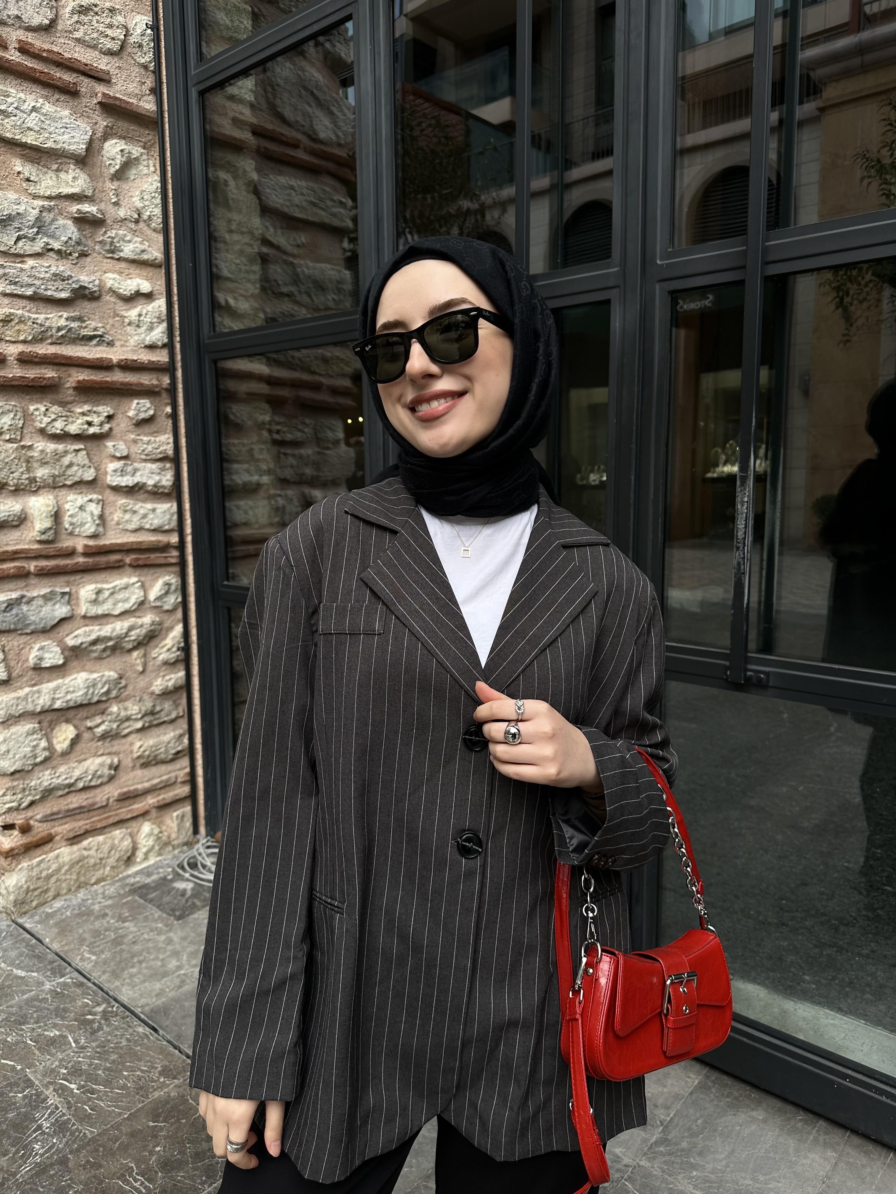 Çizgili Oversize Blazer Ceket Antrasit