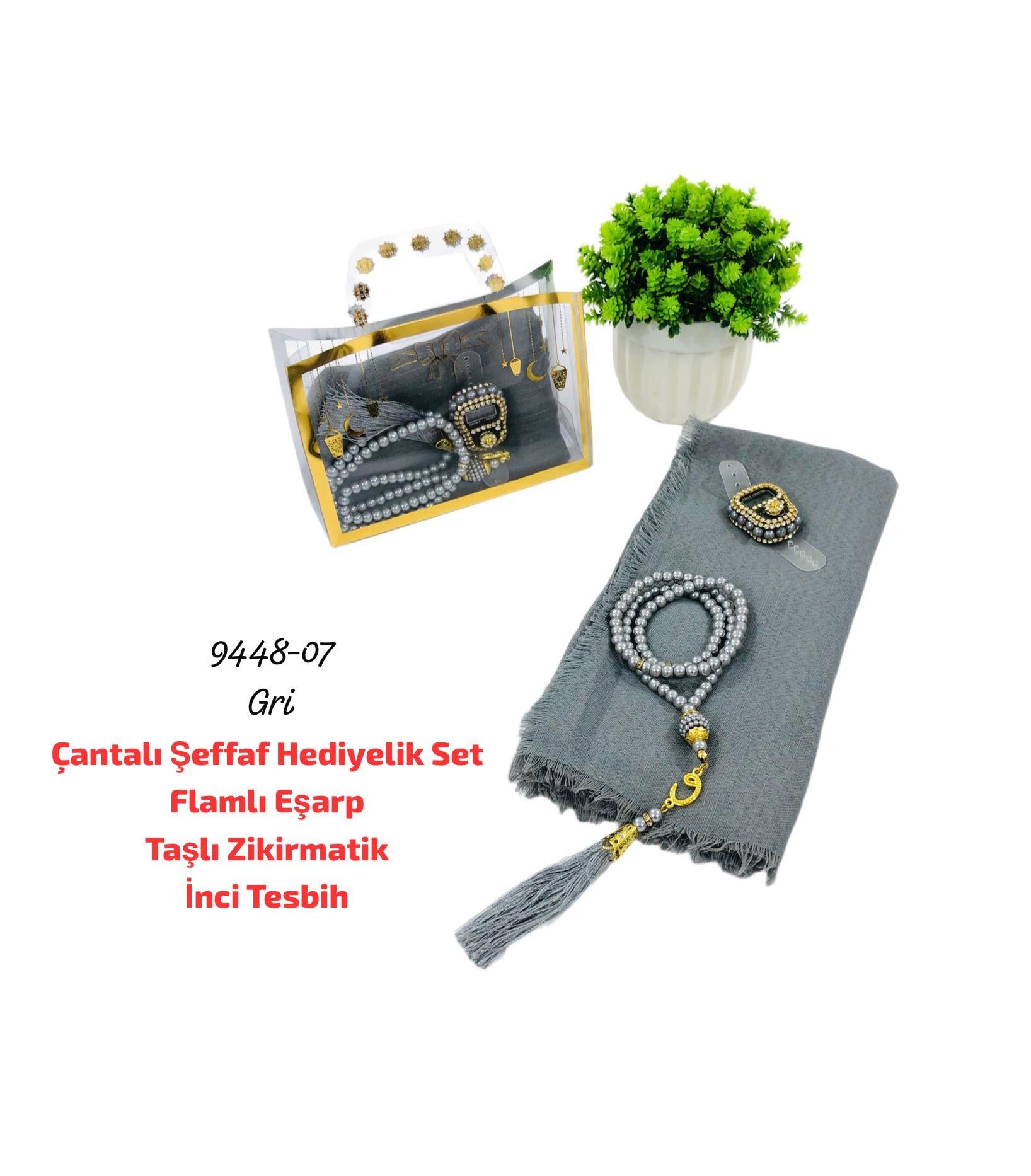 Çantalı Şeffaf Hediyelik Set Eşarp Tesbih Zikirmatik