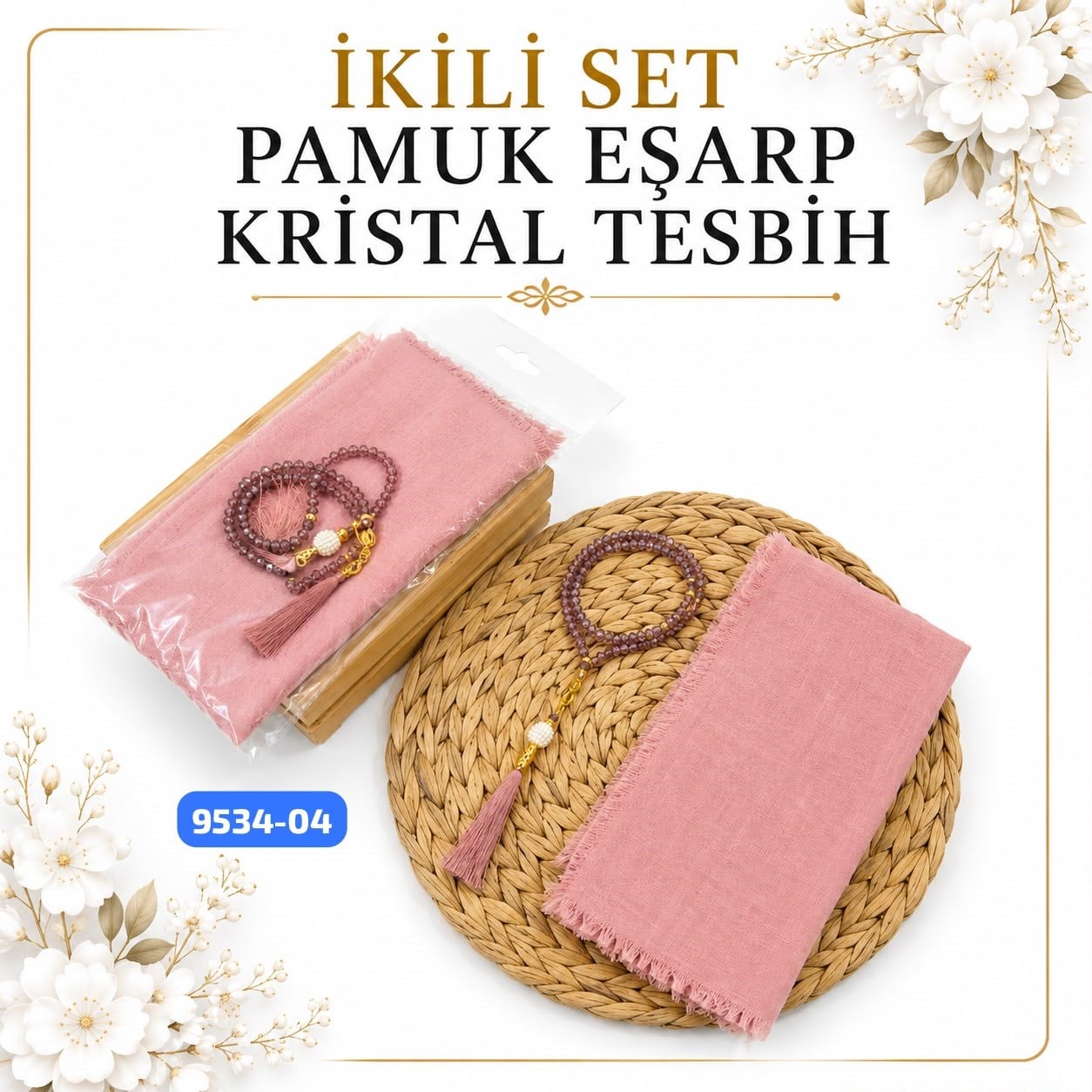 Pamuklu Eşarp Kristal Tesbih Set