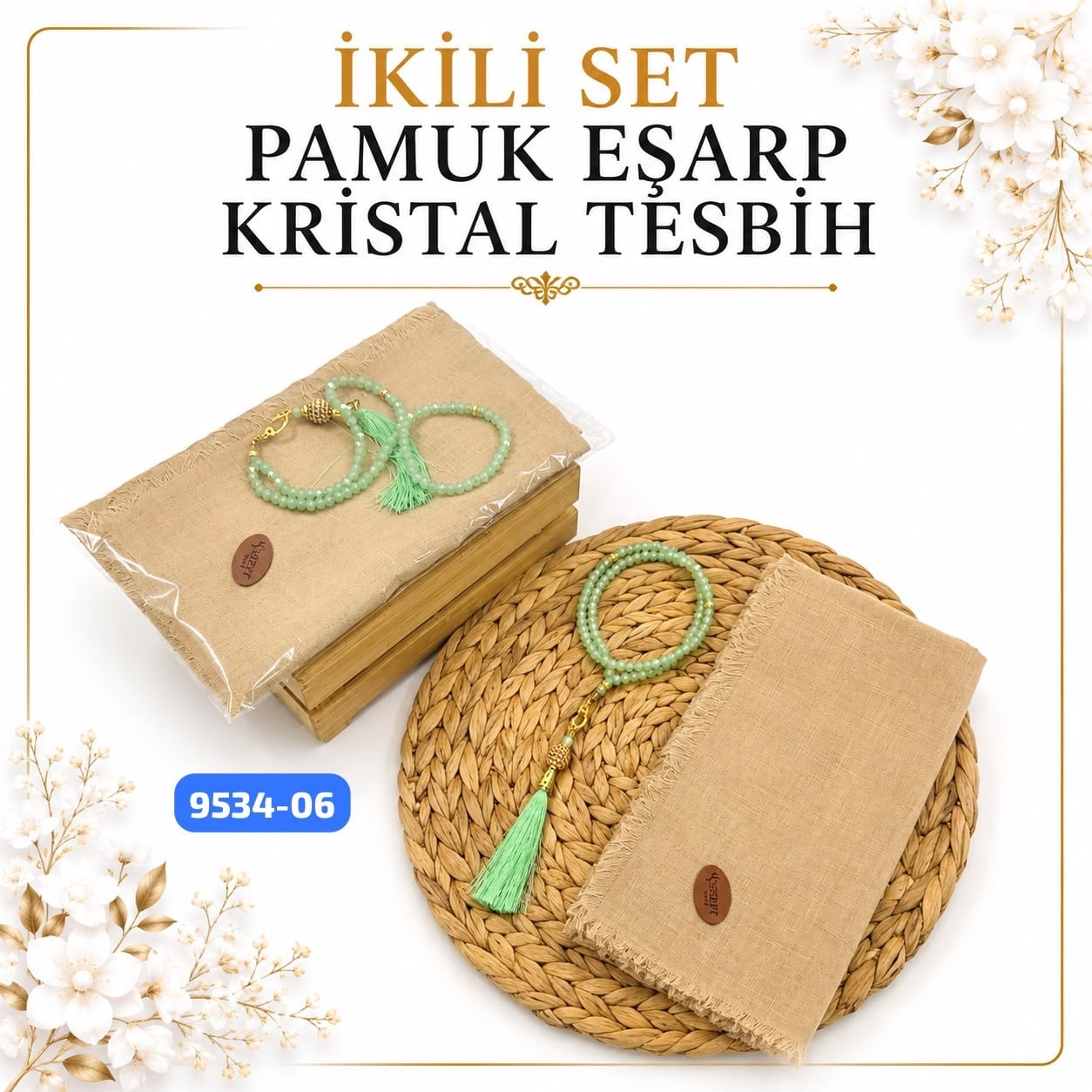 Pamuklu Eşarp Kristal Tesbih Set