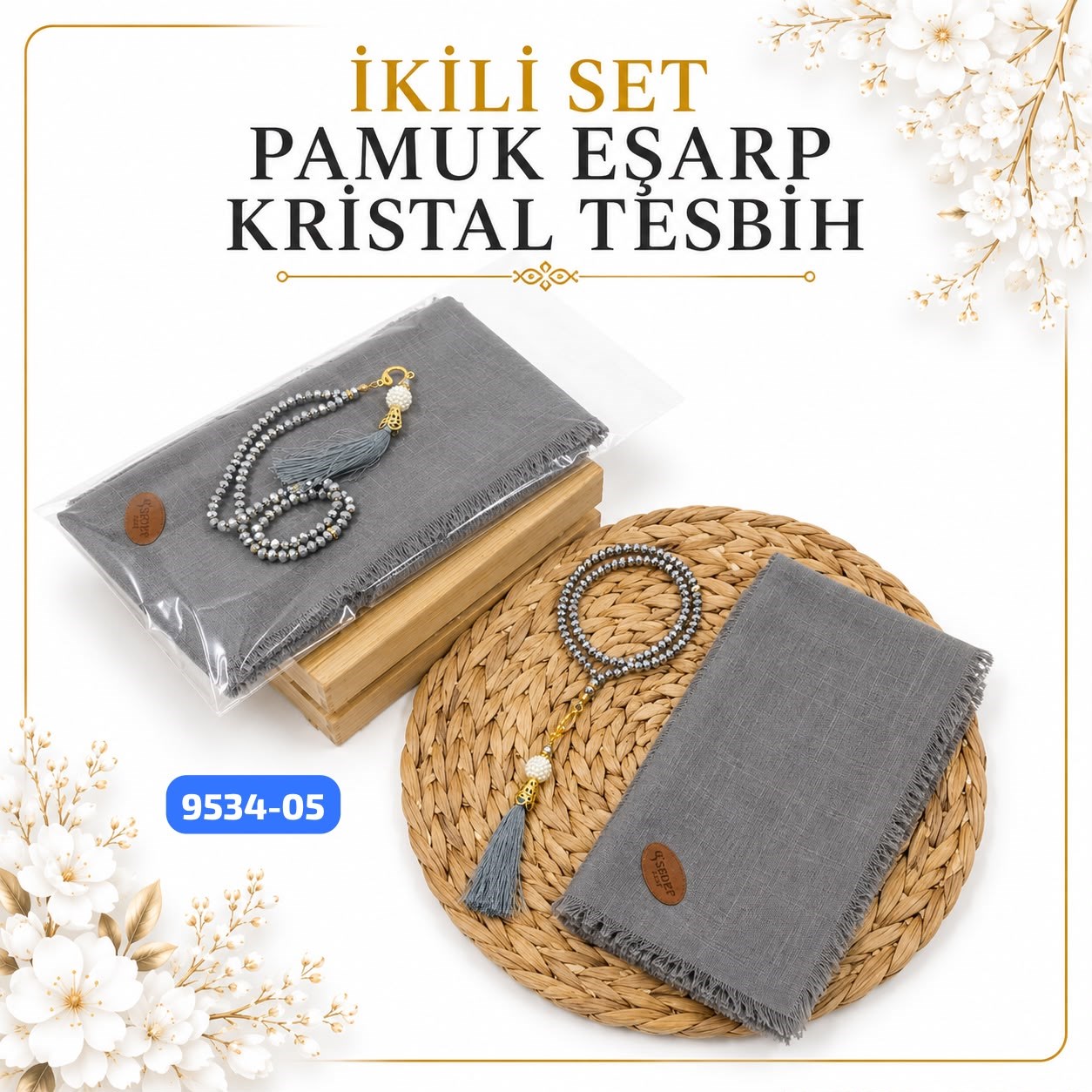 Pamuklu Eşarp Kristal Tesbih Set