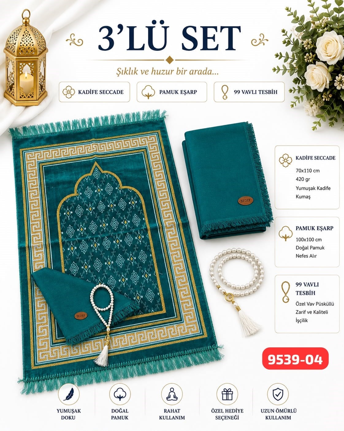 3 lü Set Seccade Eşarp Tesbih