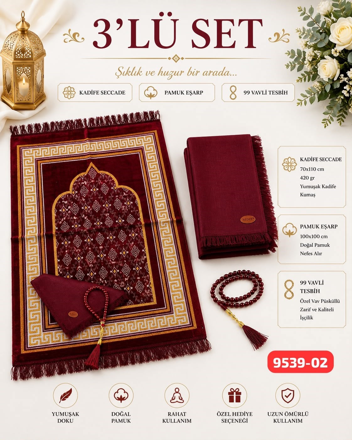 3 lü Set Seccade Eşarp Tesbih