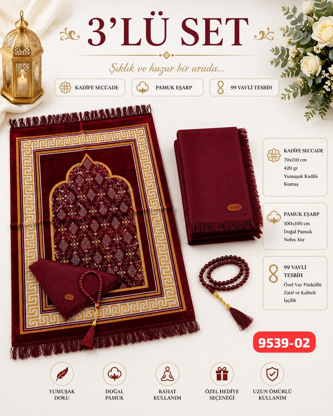 3 lü Set Seccade Eşarp Tesbih