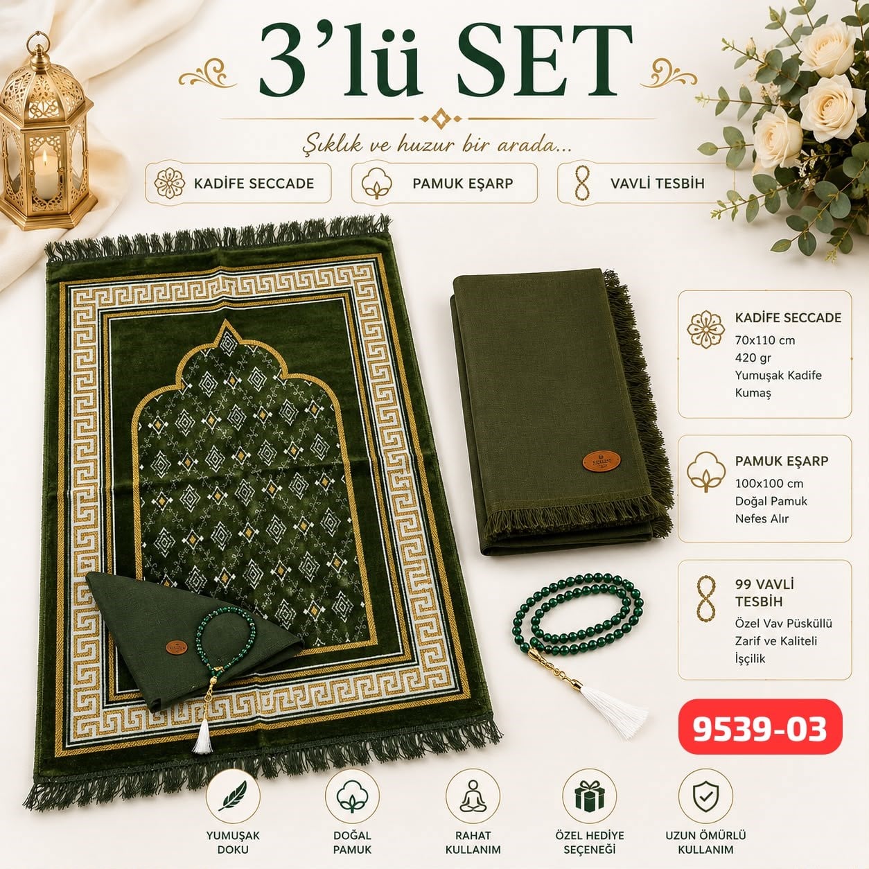 3 lü Set Seccade Eşarp Tesbih