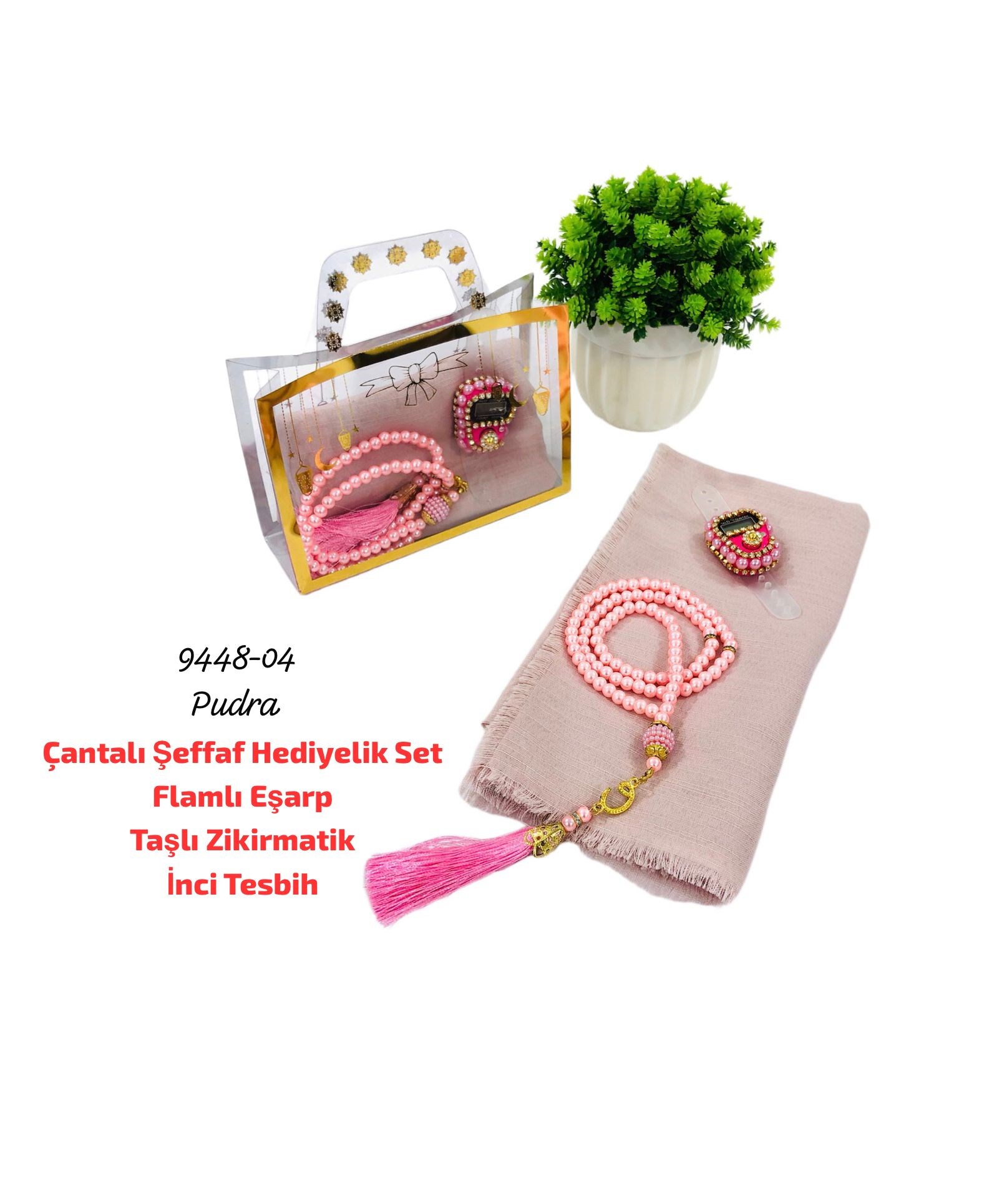 Çantalı Şeffaf Hediyelik Set Eşarp Tesbih Zikirmatik