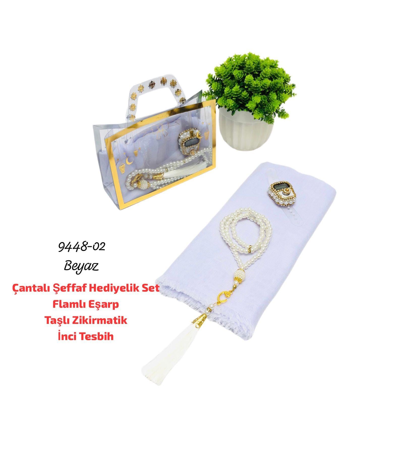 Çantalı Şeffaf Hediyelik Set Eşarp Tesbih Zikirmatik
