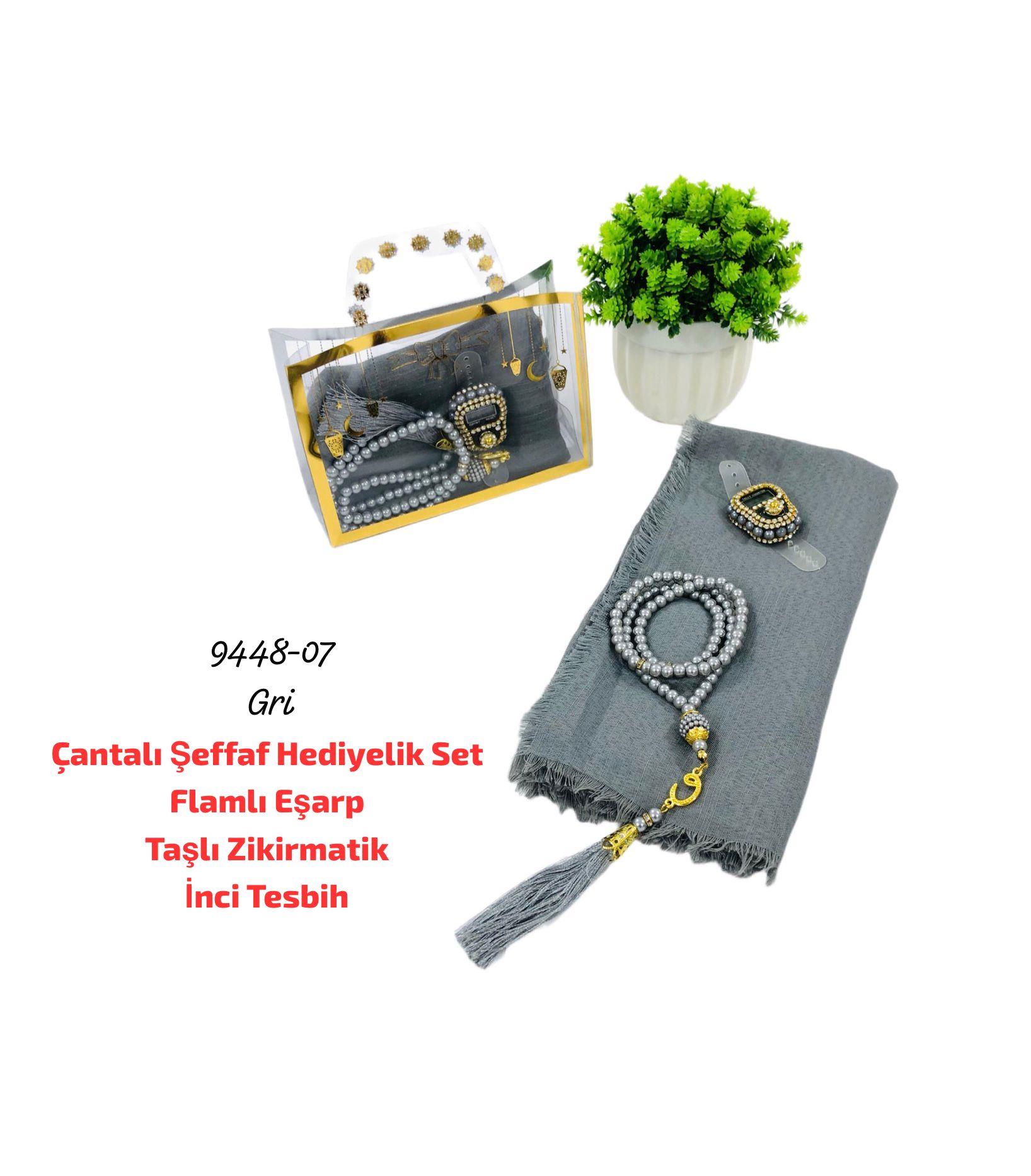 Çantalı Şeffaf Hediyelik Set Eşarp Tesbih Zikirmatik
